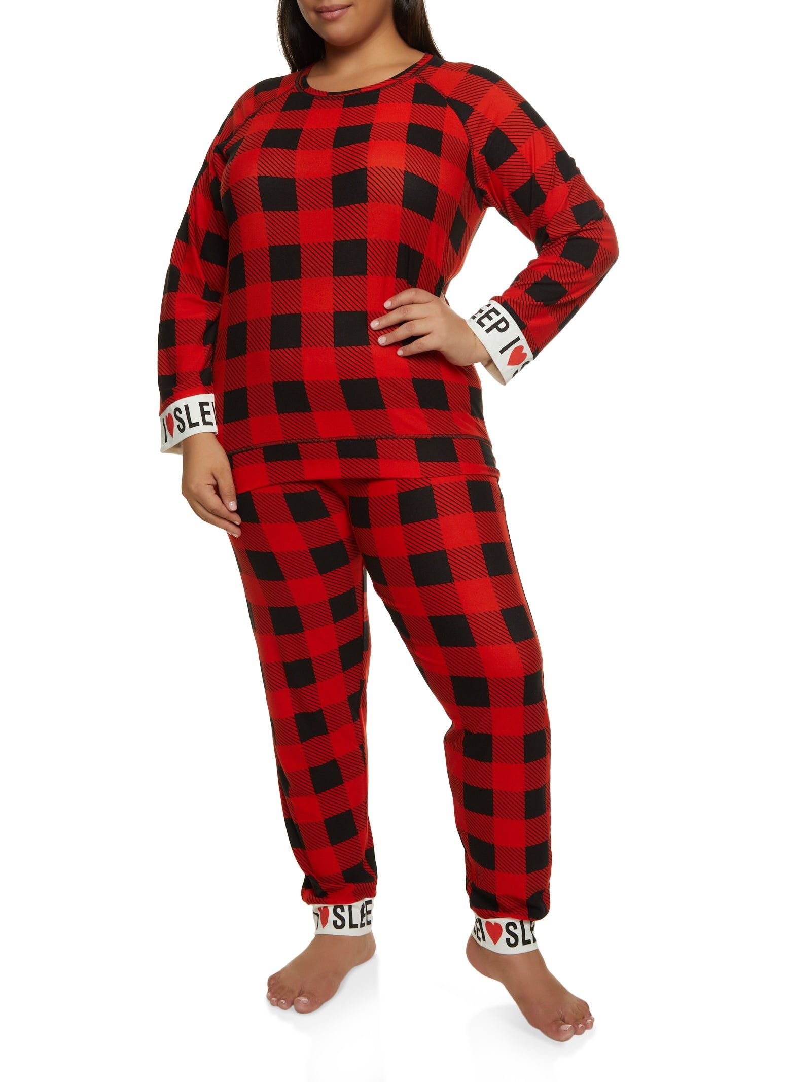 Plus Size Buffalo Plaid Graphic Cuff Holiday Pajama Top and Pants sold by Rainbow