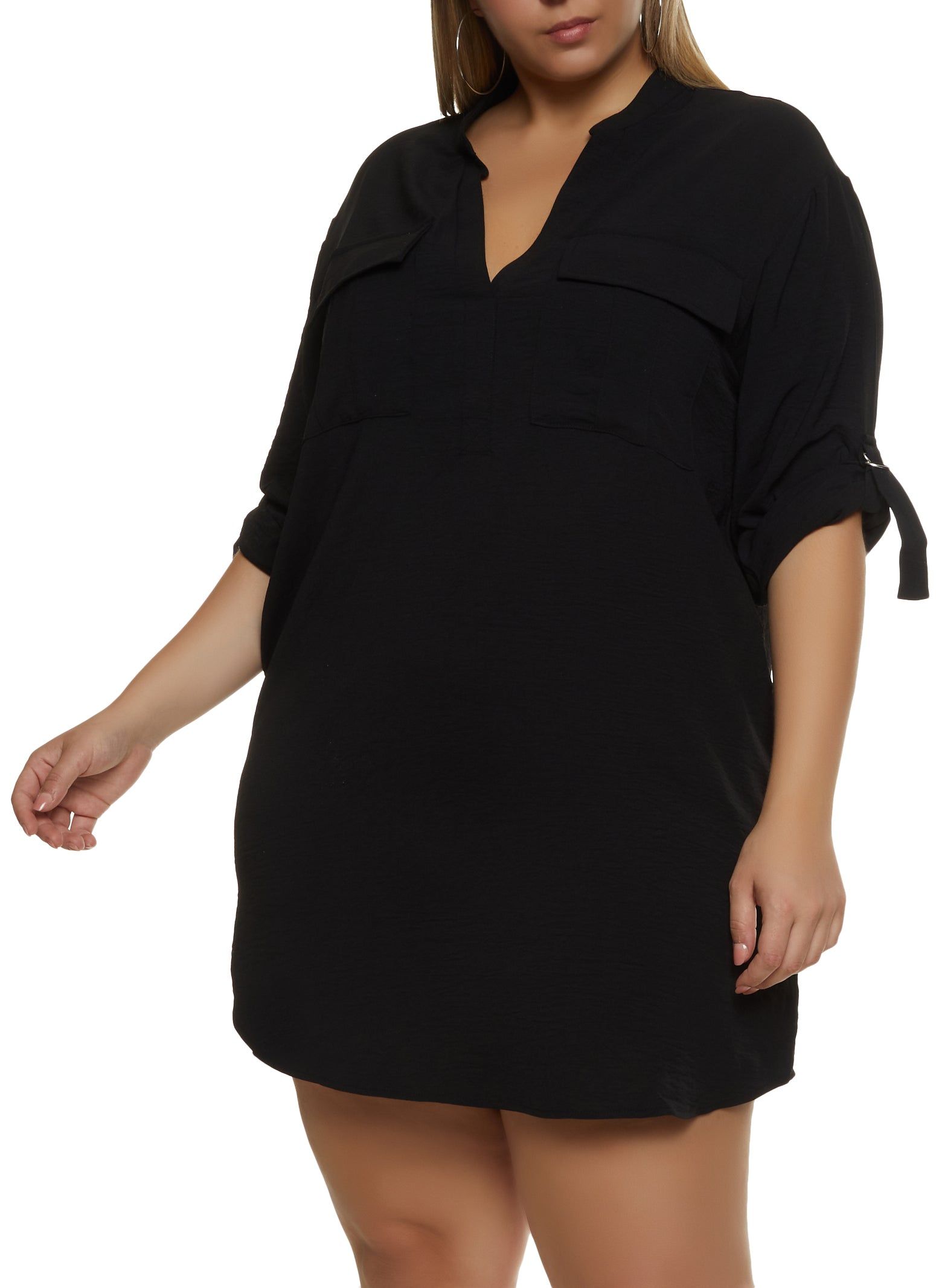 Plus Size Double Pocket Tabbed Sleeve Shirt Dress sold by Rainbow