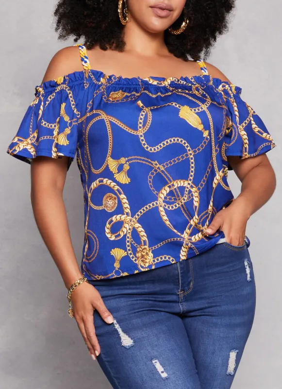 Plus Size Patterned Cold Shoulder Blouse sold by Rainbow