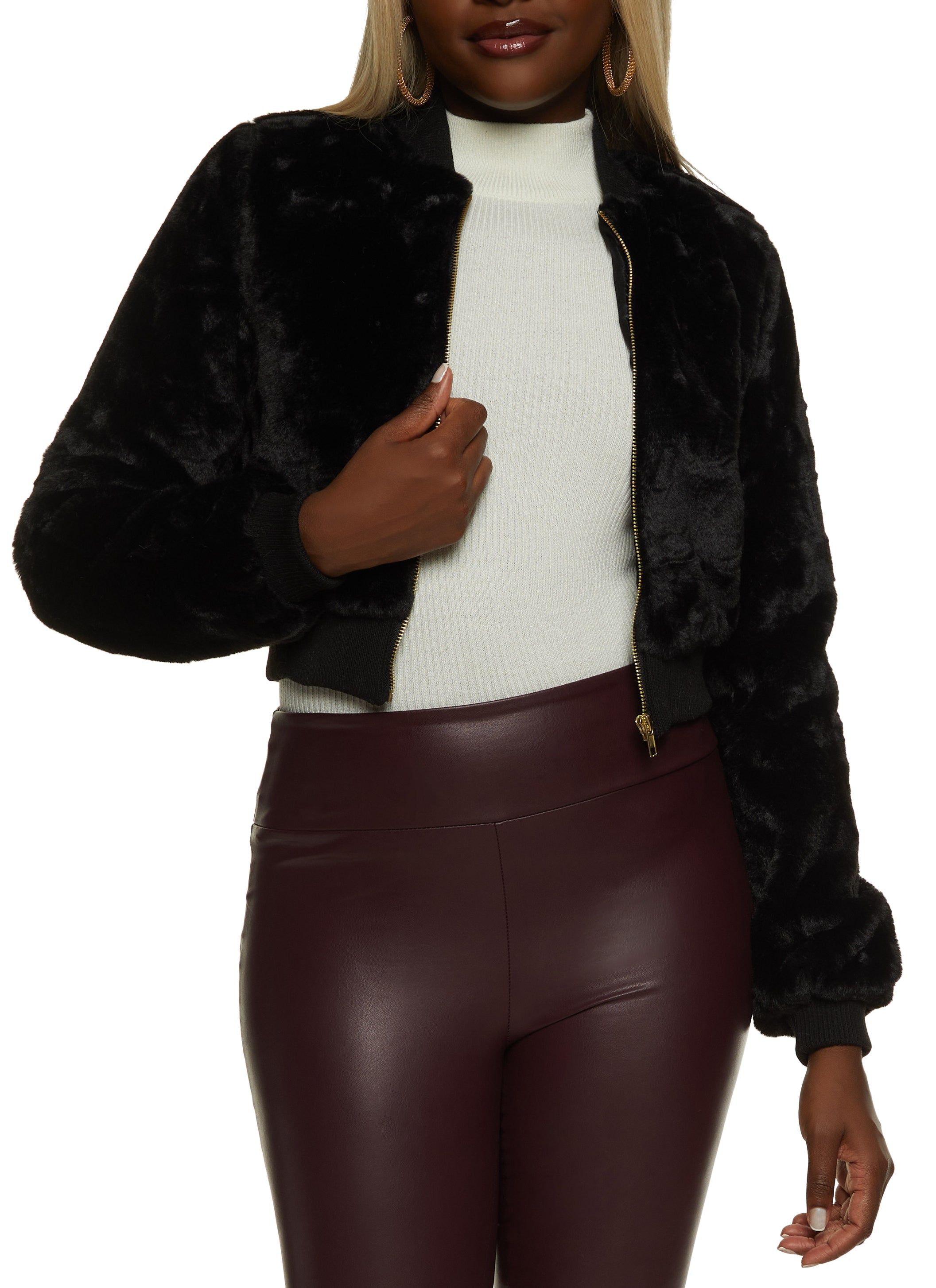 Faux Fur Cropped Bomber Jacket sold by Rainbow