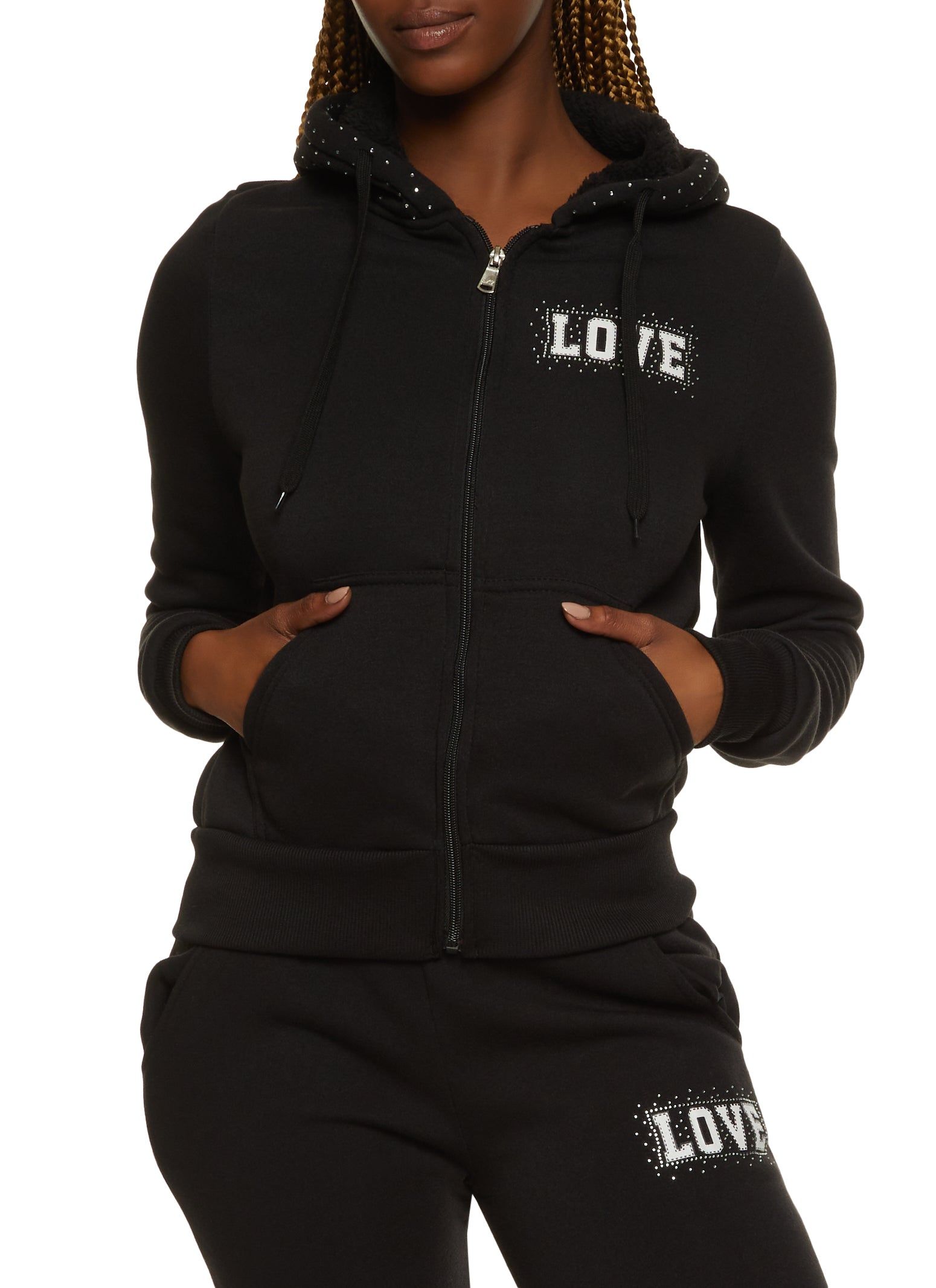 Love Rhinestone Faux Fur Lined Graphic Hoodie sold by Rainbow