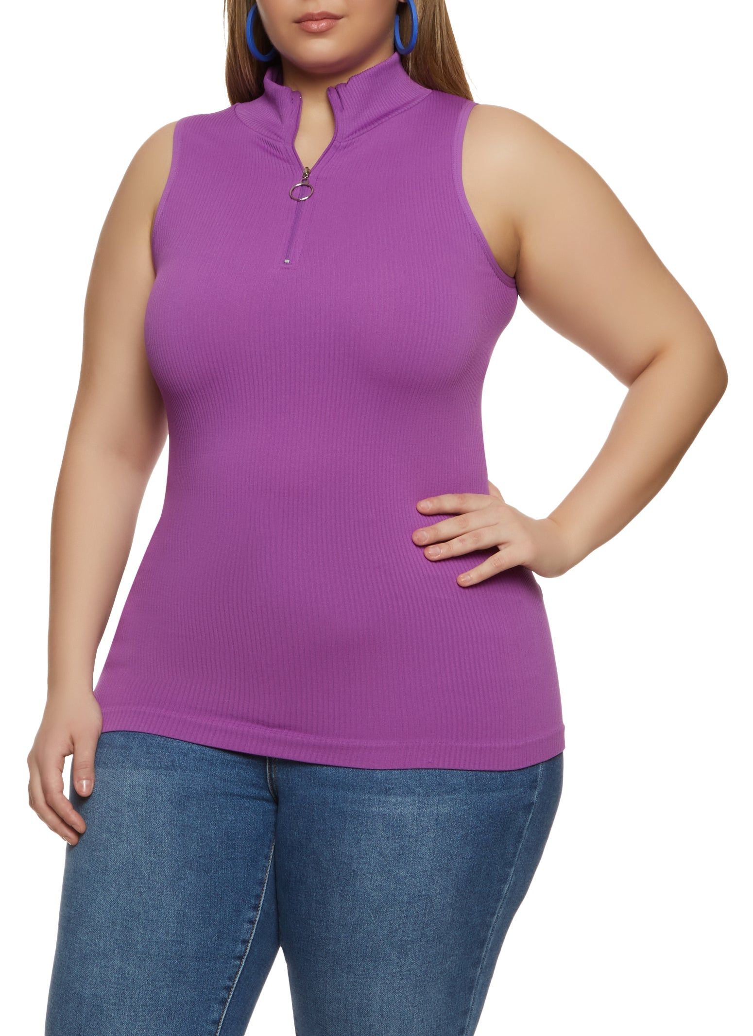Plus Size Ribbed Sleeveless Zip Neck Top sold by Rainbow