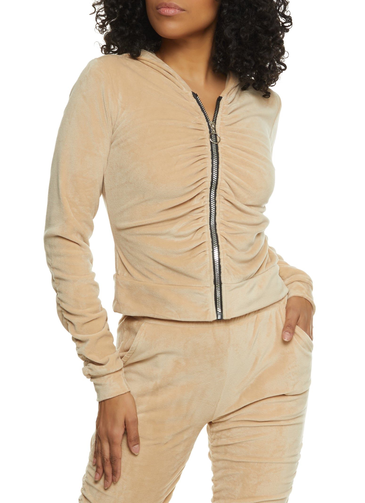 Solid Velour Ruched Zip Front Hoodie sold by Rainbow