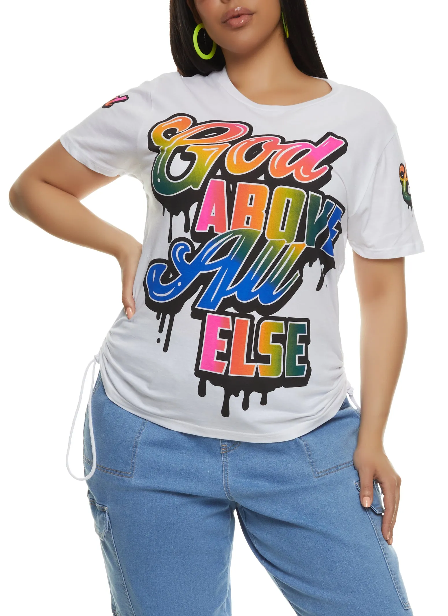 Plus Size God Above All Else Ruched Side Graphic Tee sold by Rainbow