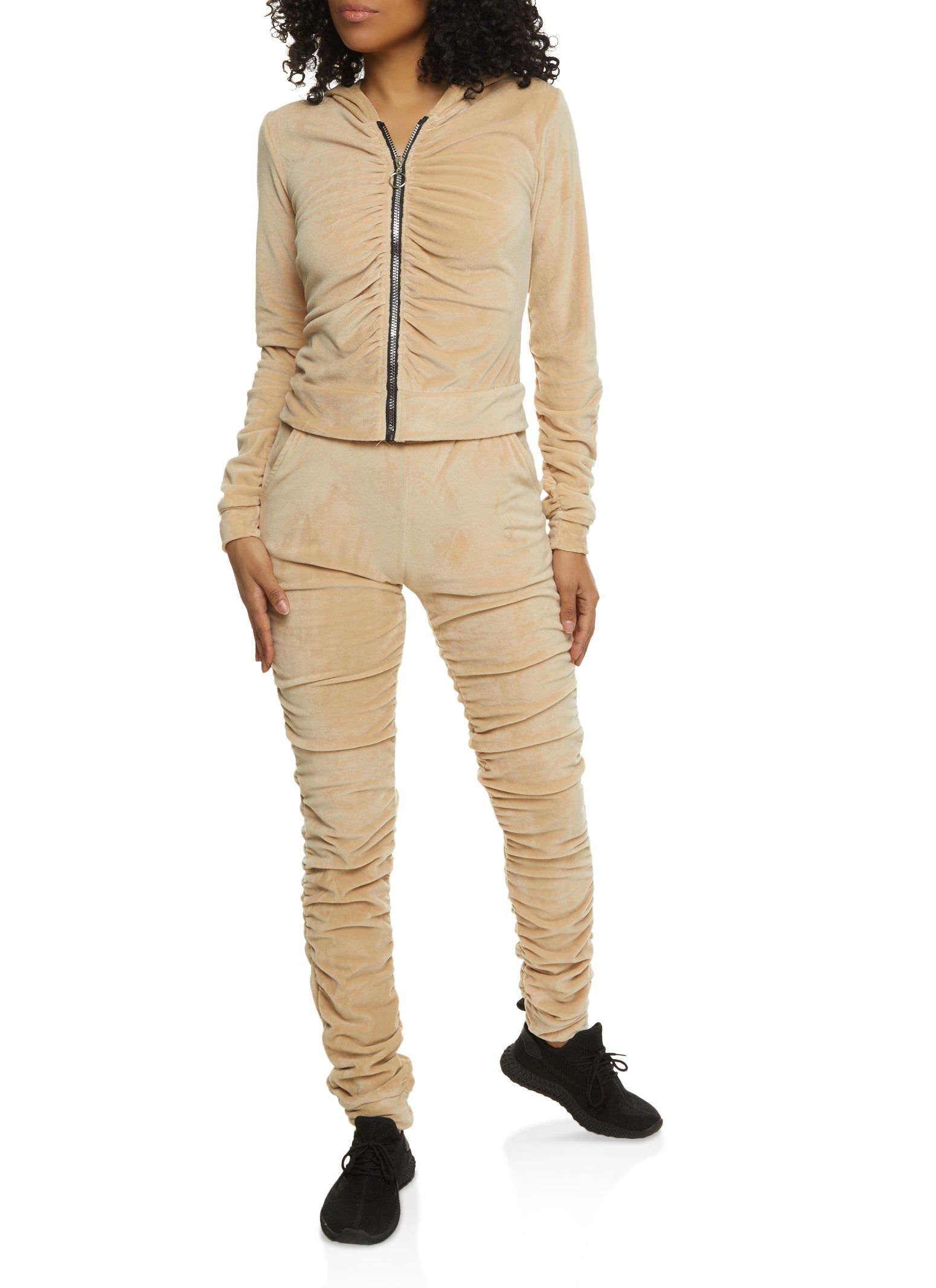 Solid Velour Ruched Zip Front Hoodie sold by Rainbow product image thumbnail 2