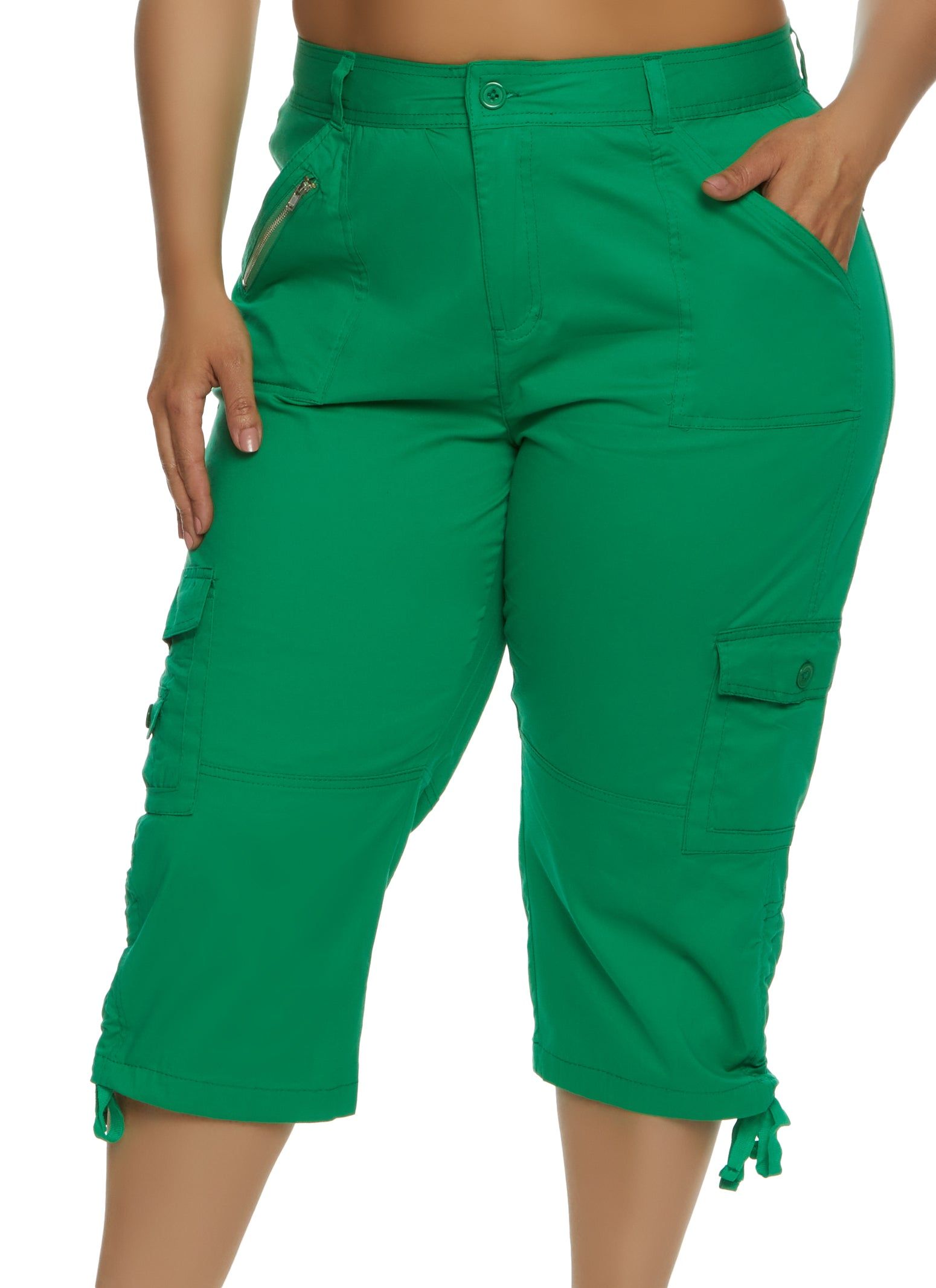 Plus Size Zip Pocket Detail Tie Cuff Capri Pants sold by Rainbow