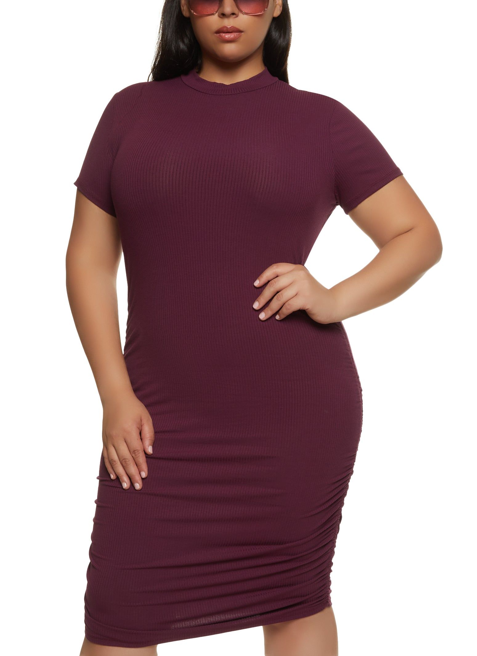 Plus Size Ribbed Knit Ruched Midi Dress sold by Rainbow