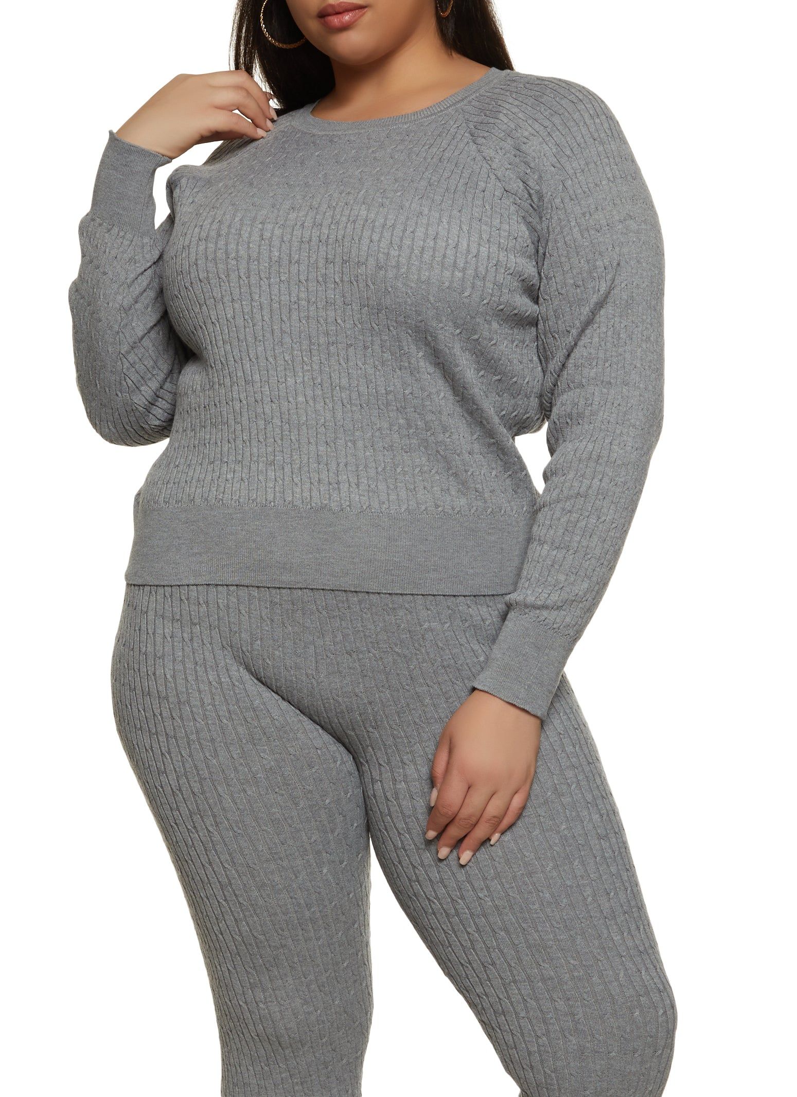 Plus Size Crew Neck Cable Knit Pullover Sweater sold by Rainbow