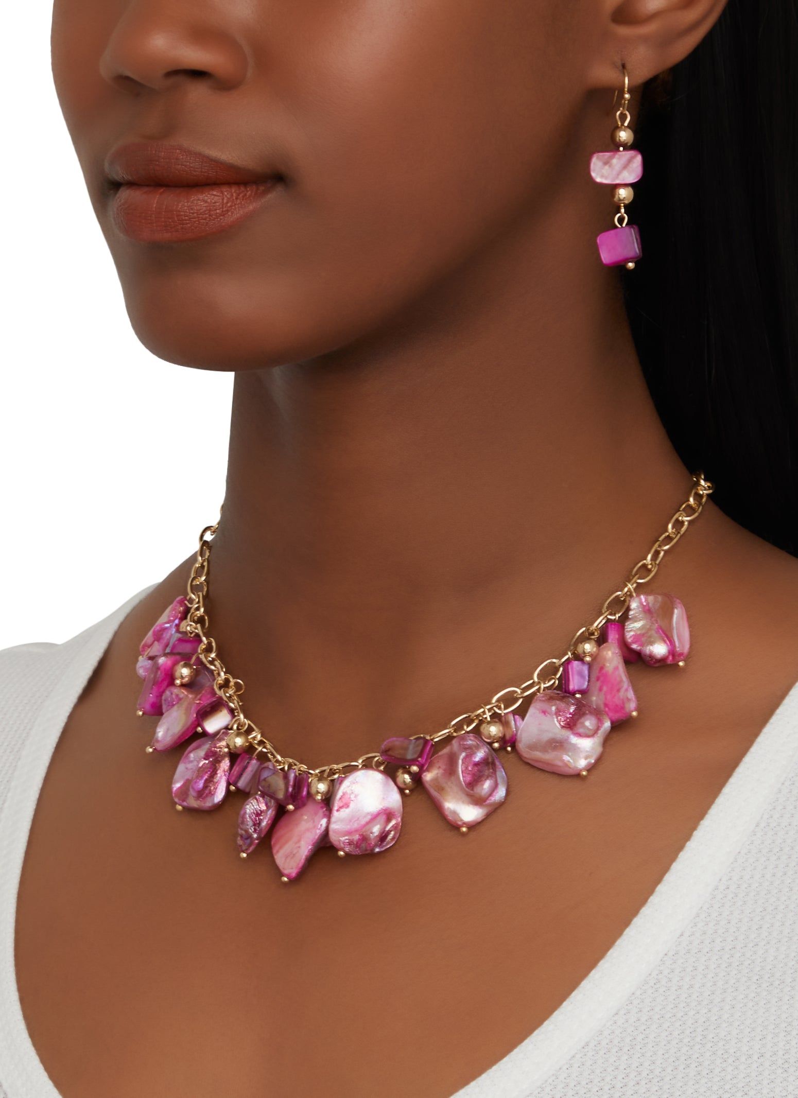 Iridescent Shell Beaded Necklace and Drop Earrings sold by Rainbow