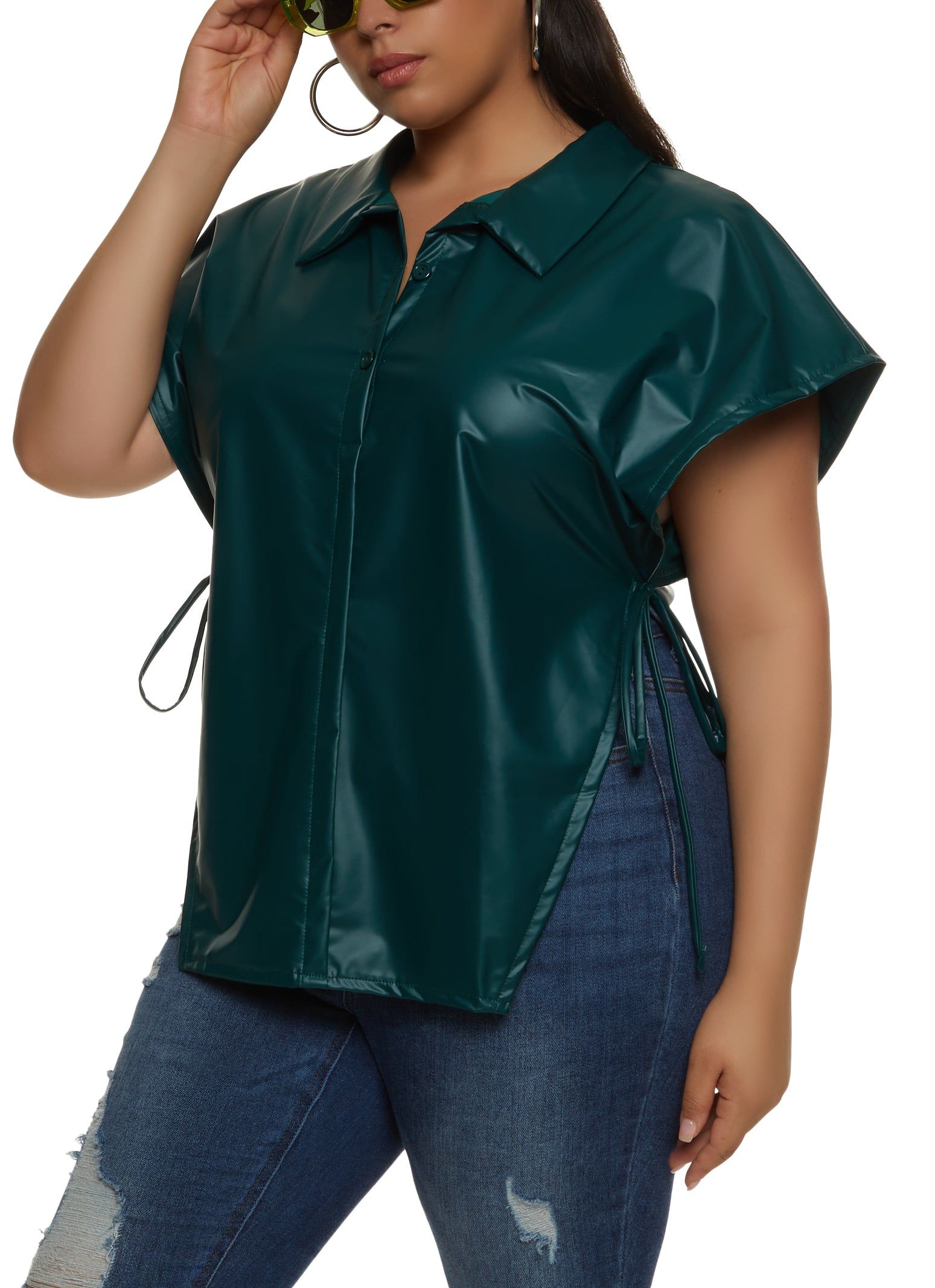 Plus Size Faux Leather Open Side Tie Shirt sold by Rainbow