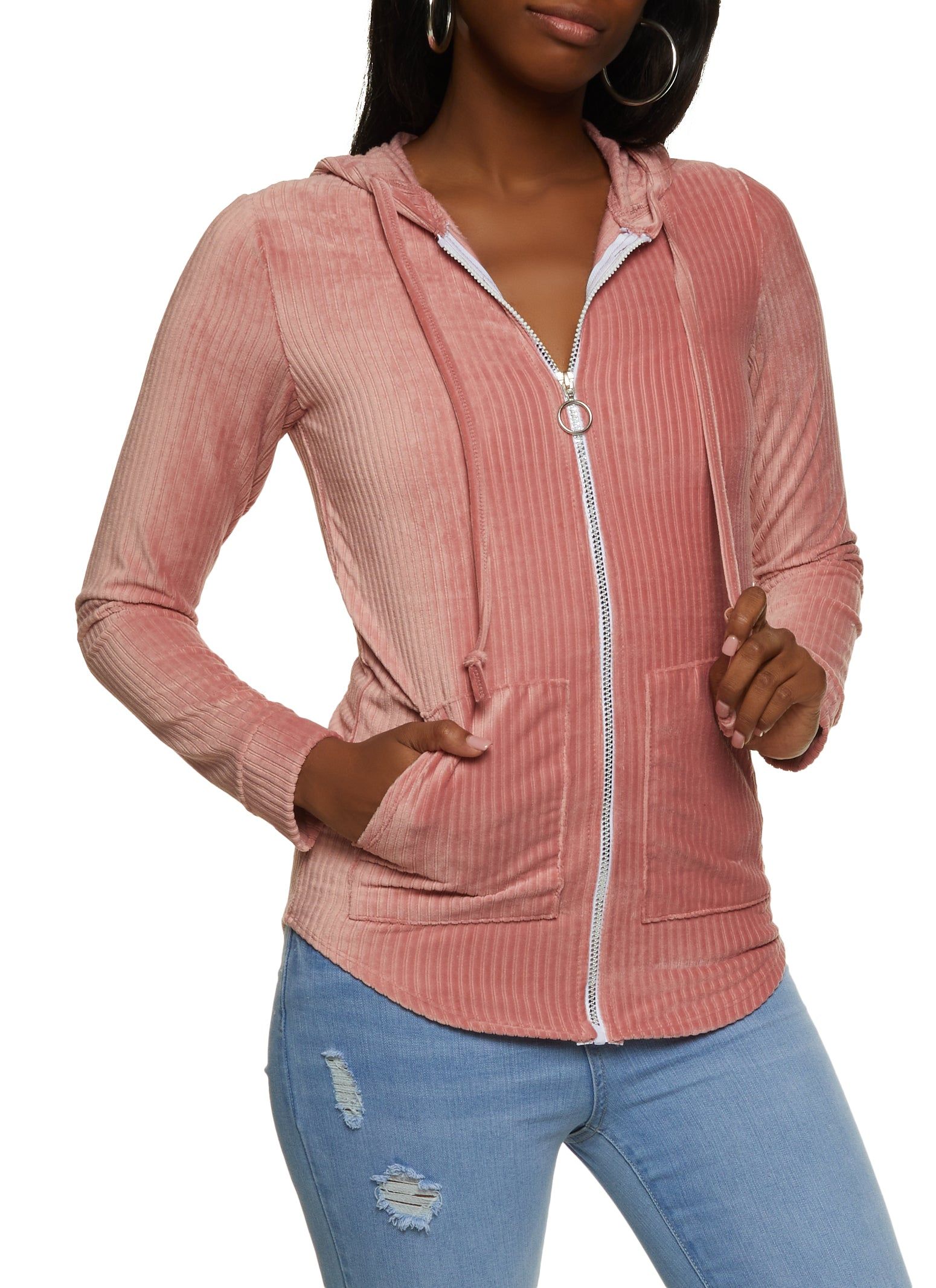 Ribbed Knit Velour Zip Front Hoodie sold by Rainbow