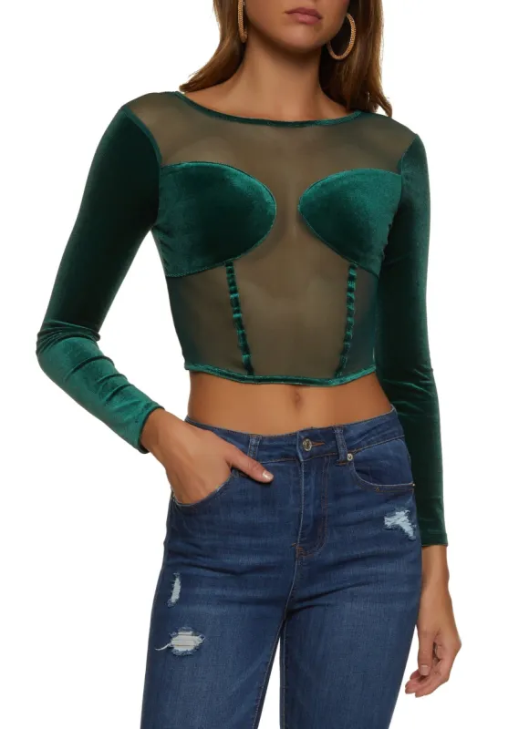 Velvet Mesh Corset Detail Long Sleeve Top sold by Rainbow