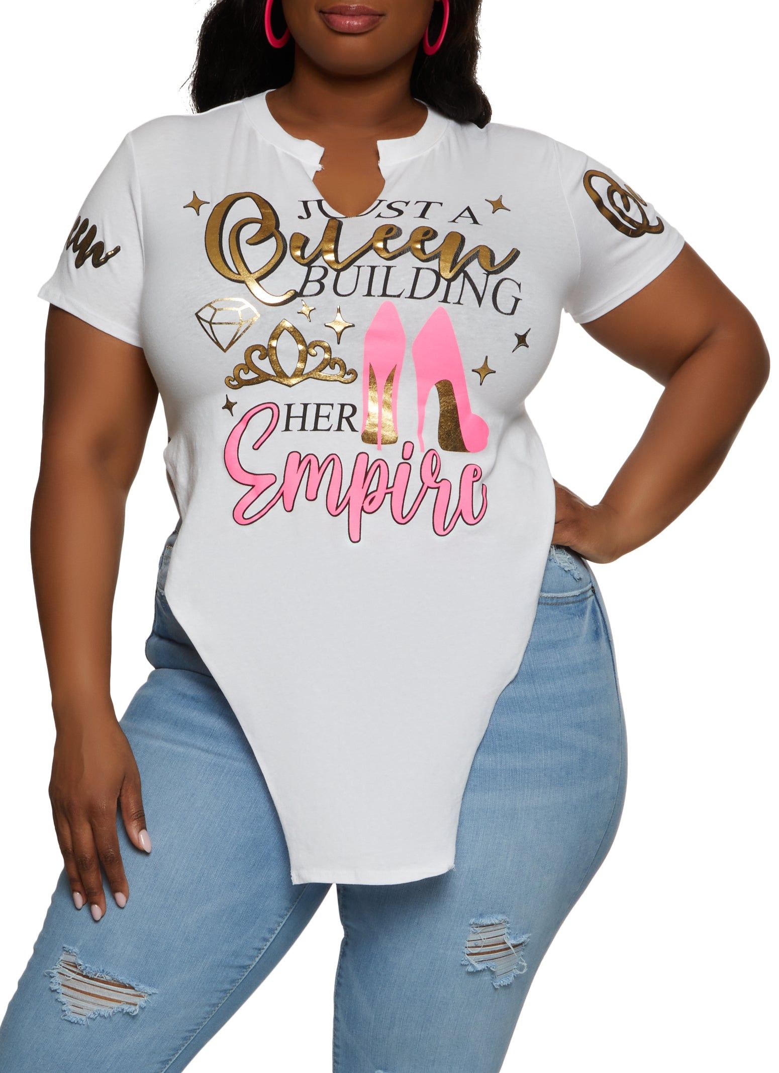 Plus Size Just A Queen Hanky Hem Graphic Tee sold by Rainbow