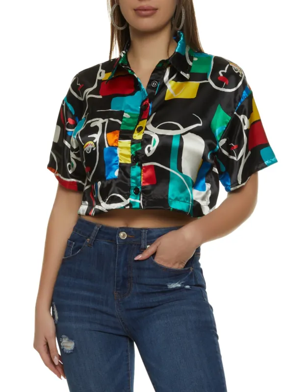 Satin Mixed Print Cropped Shirt sold by Rainbow