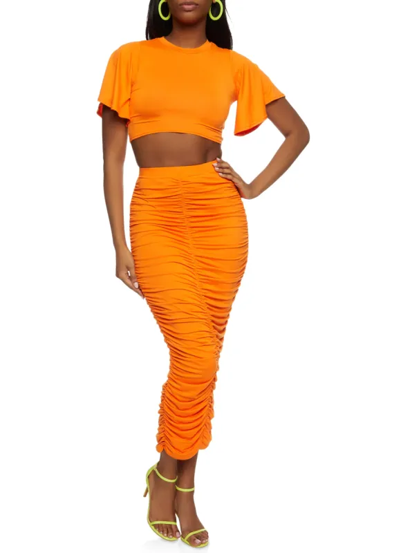 Solid Flutter Sleeve Top and Ruched Maxi Skirt sold by Rainbow