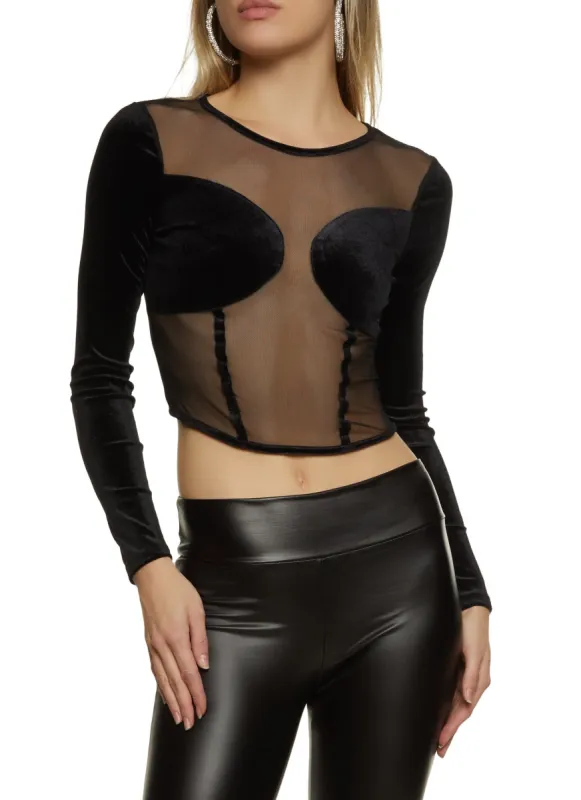Velvet Mesh Corset Detail Long Sleeve Top sold by Rainbow