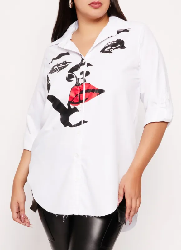 Plus Size Face Print Button Front Shirt sold by Rainbow