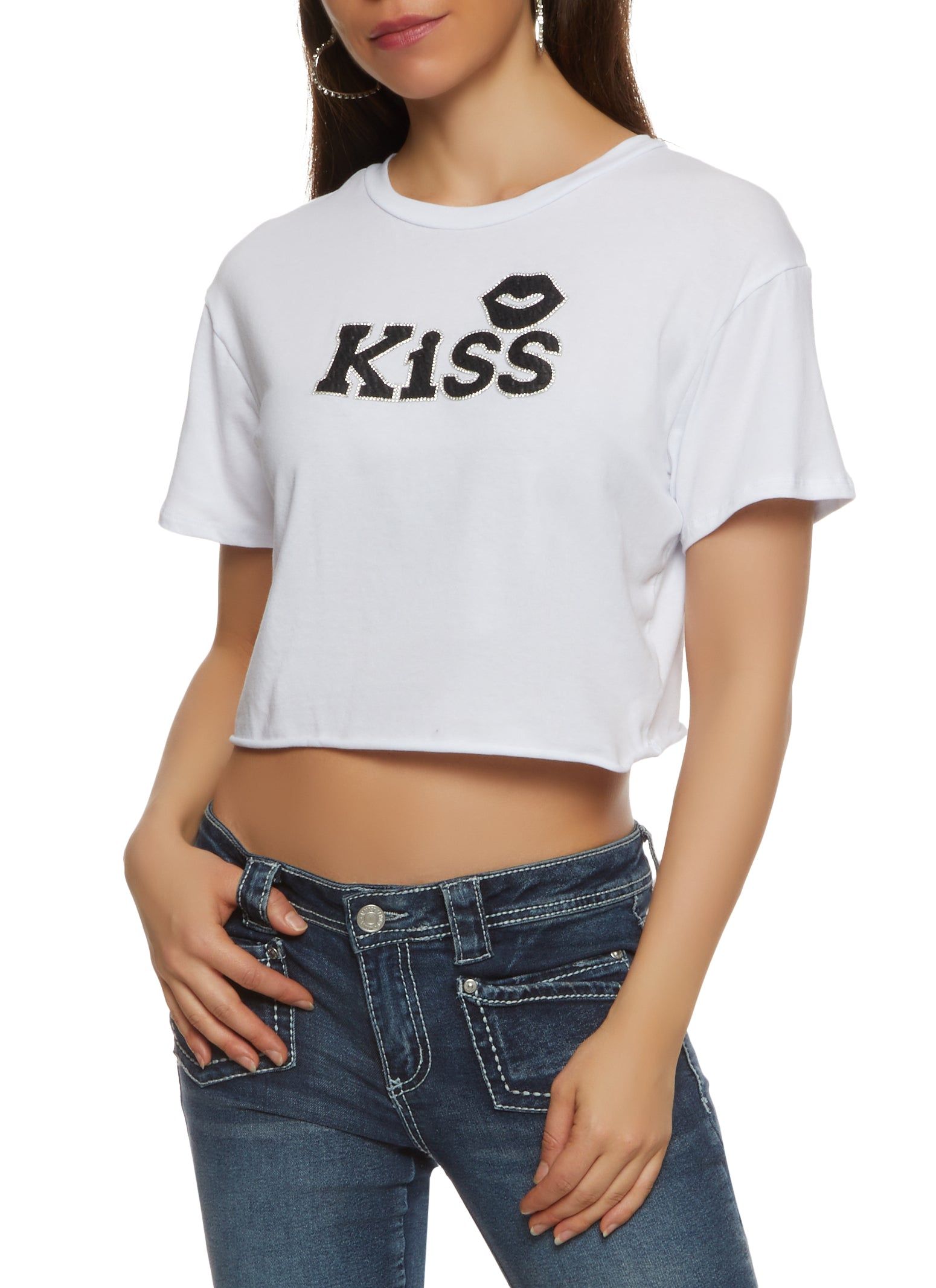 Rhinestone Kiss Cropped T Shirt sold by Rainbow