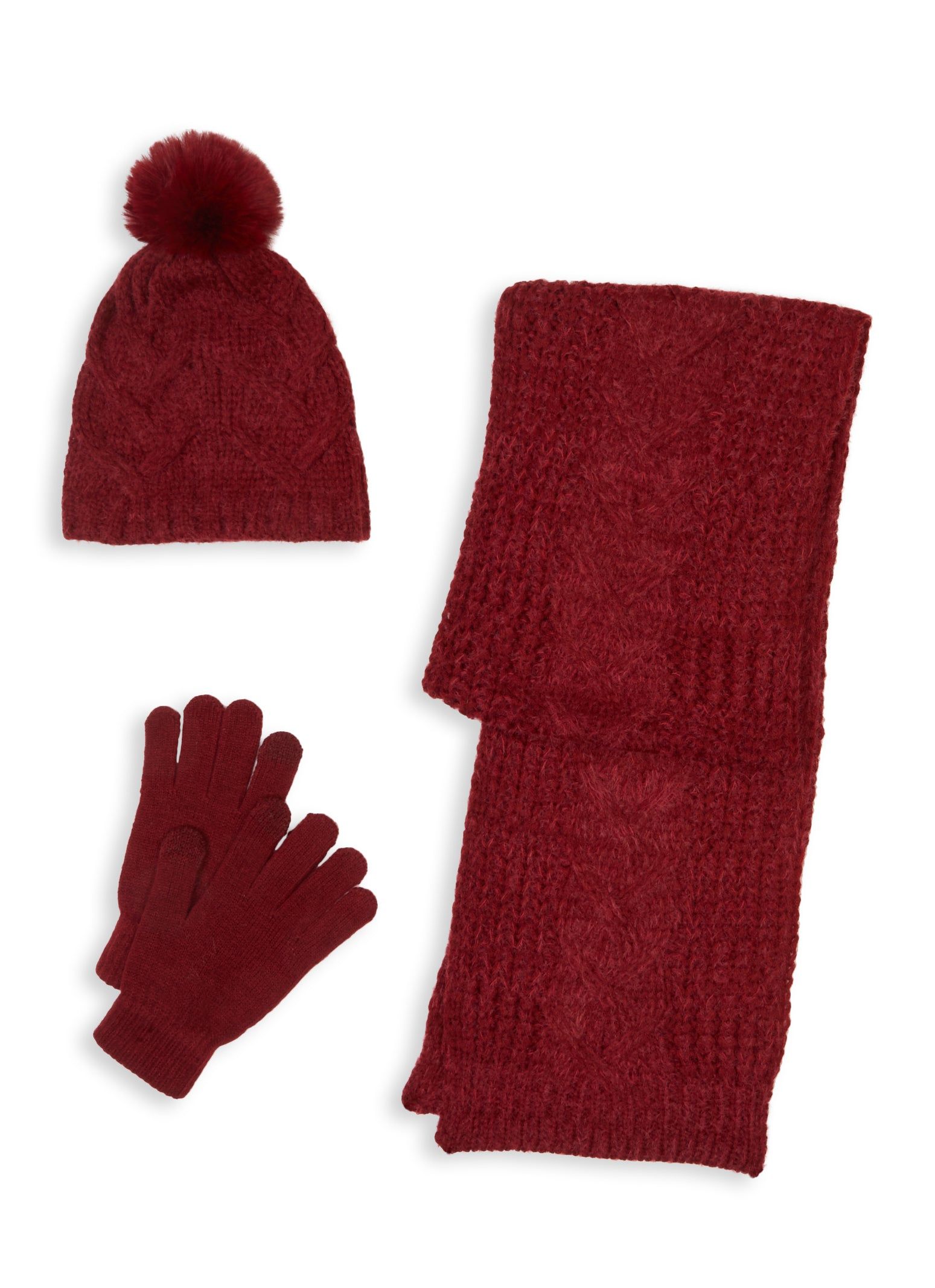 Cable Knit Pom Pom Beanie with Scarf and Gloves sold by Rainbow