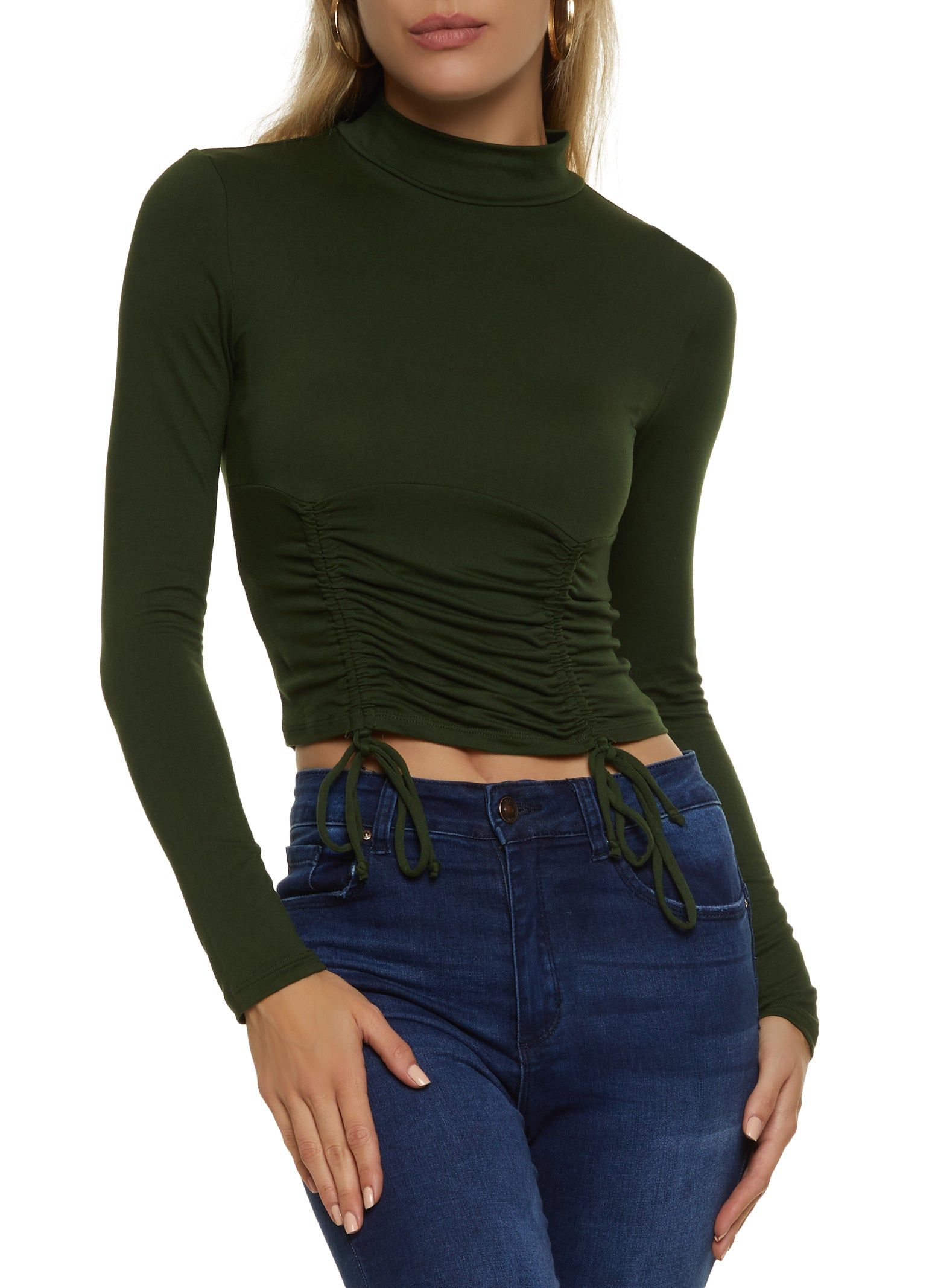 Mock Neck Ruched Long Sleeve Crop Top sold by Rainbow