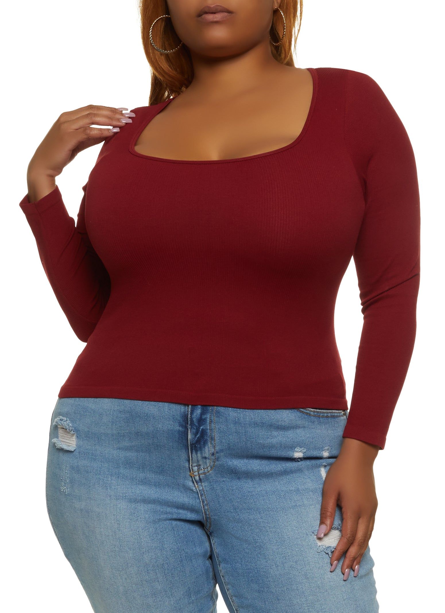 Plus Size Ribbed Seamless Square Neck Top sold by Rainbow