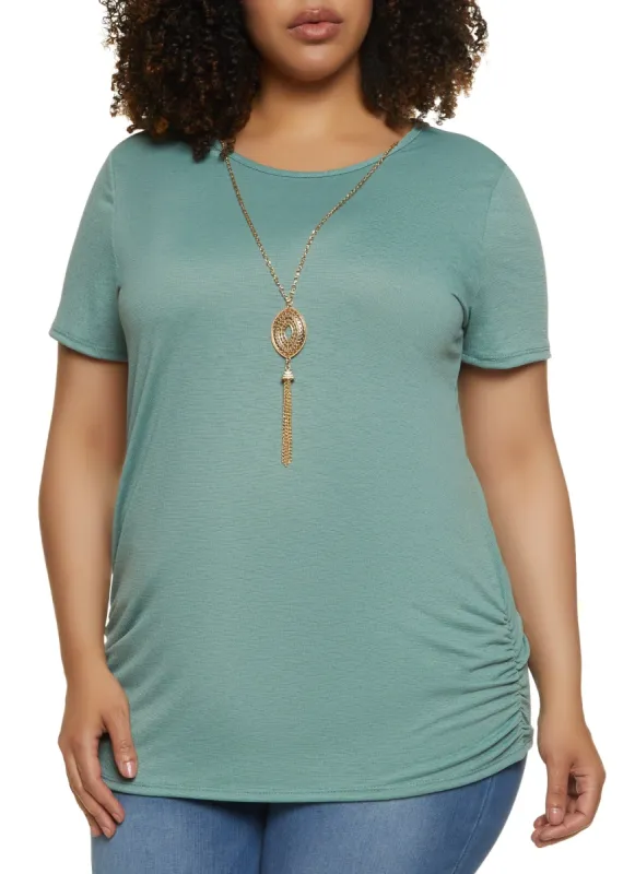 Plus Size Gauze Knit Ruched Tee with Necklace sold by Rainbow
