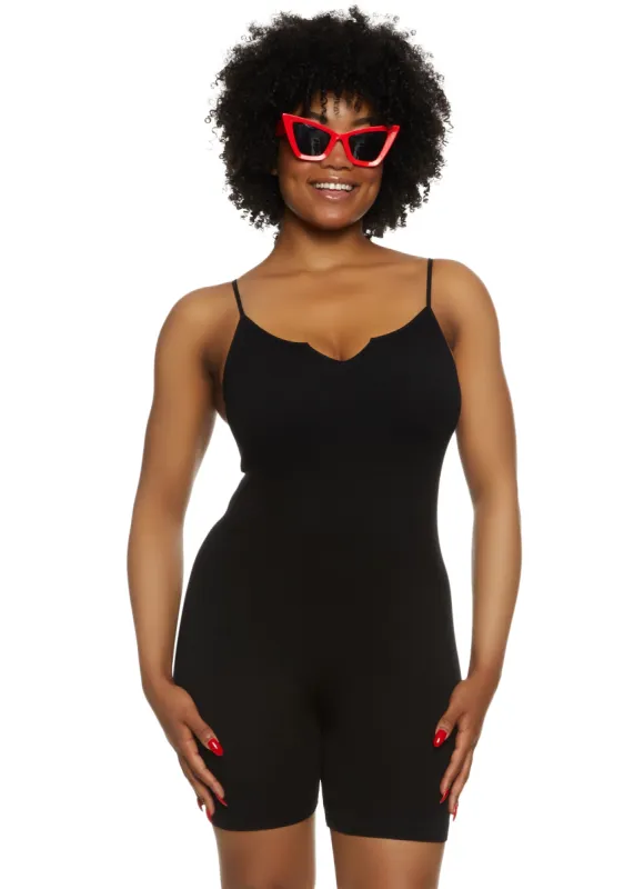 Plus Size Seamless Ribbed Notch Neck Cami Romper sold by Rainbow