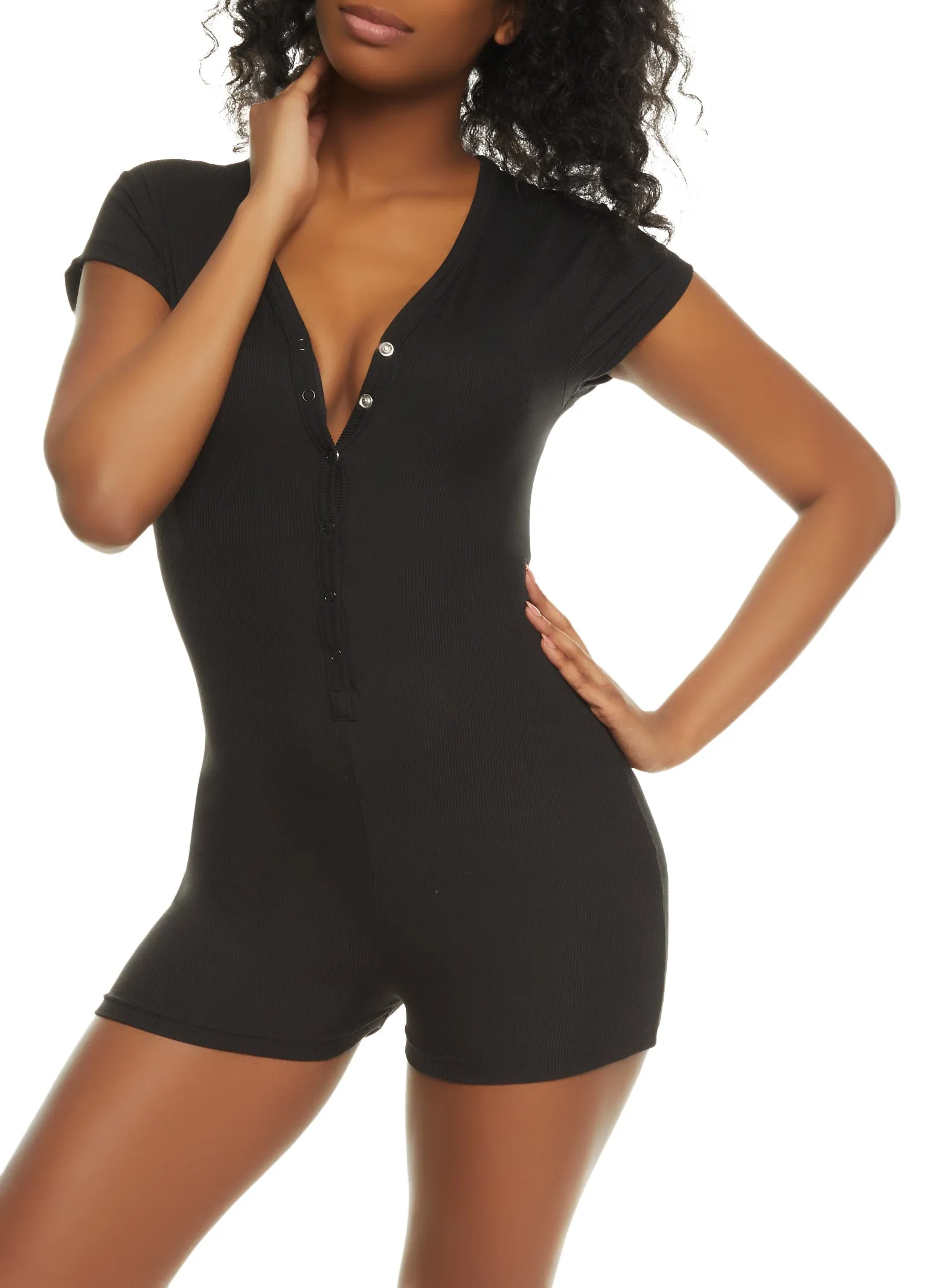 Ribbed Snap Button Front Pajama Romper sold by Rainbow