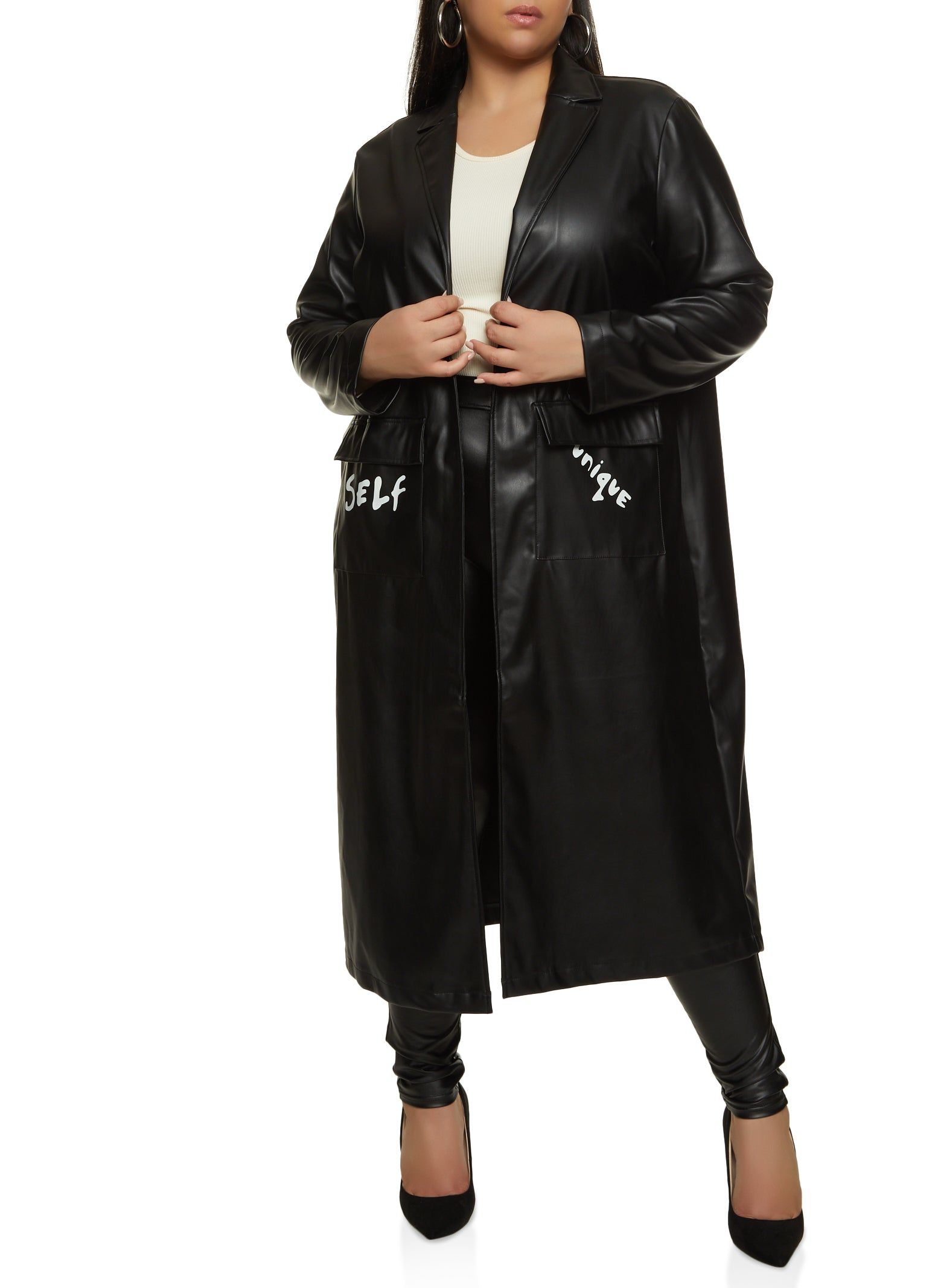 Plus Size Faux Leather Graphic Trench Coat sold by Rainbow