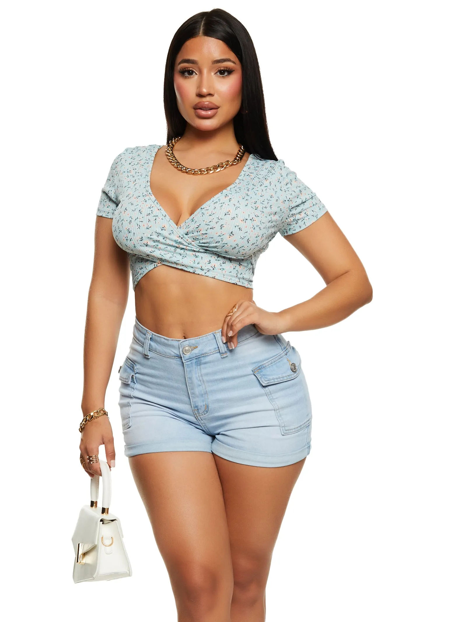 Ribbed Floral Print Twist Front Crop Top sold by Rainbow product image thumbnail 2