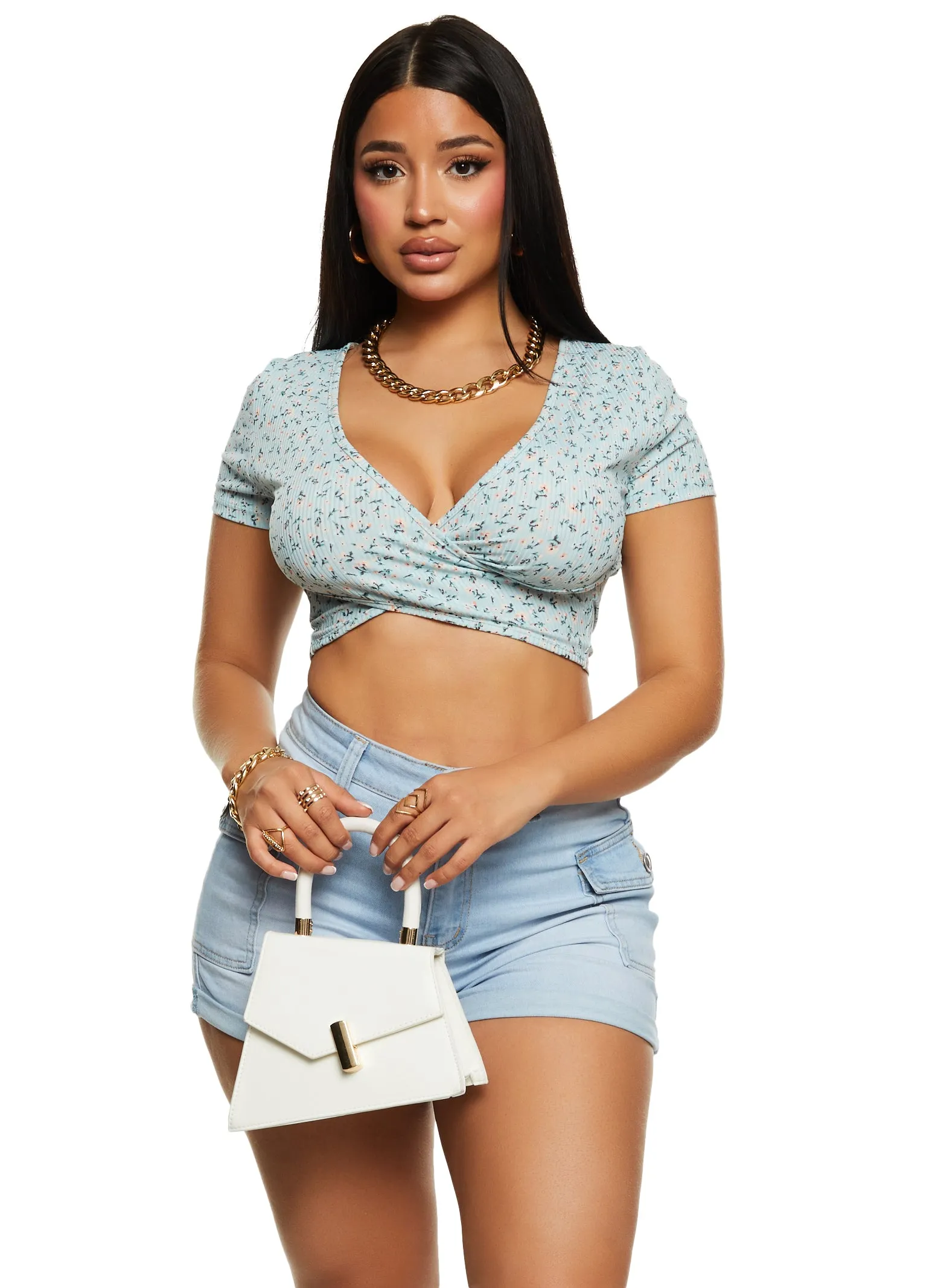 Ribbed Floral Print Twist Front Crop Top sold by Rainbow