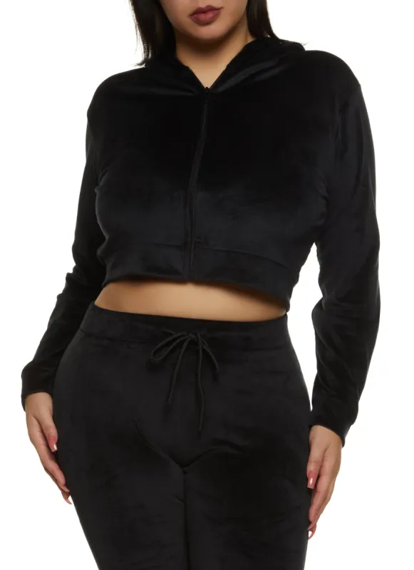 Plus Size Cropped Velour Zip Front Hoodie sold by Rainbow