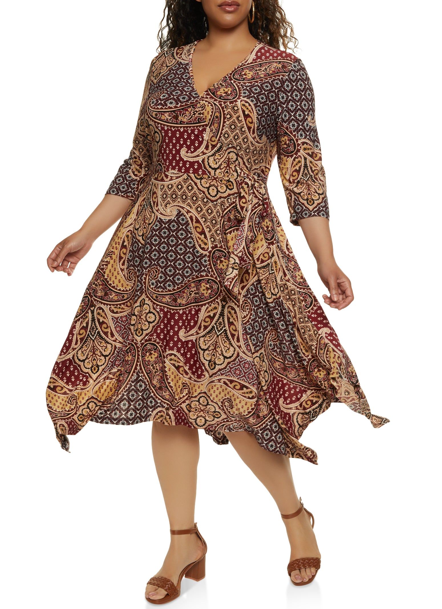 Plus Size Paisley Print Tie Waist Faux Wrap Dress sold by Rainbow