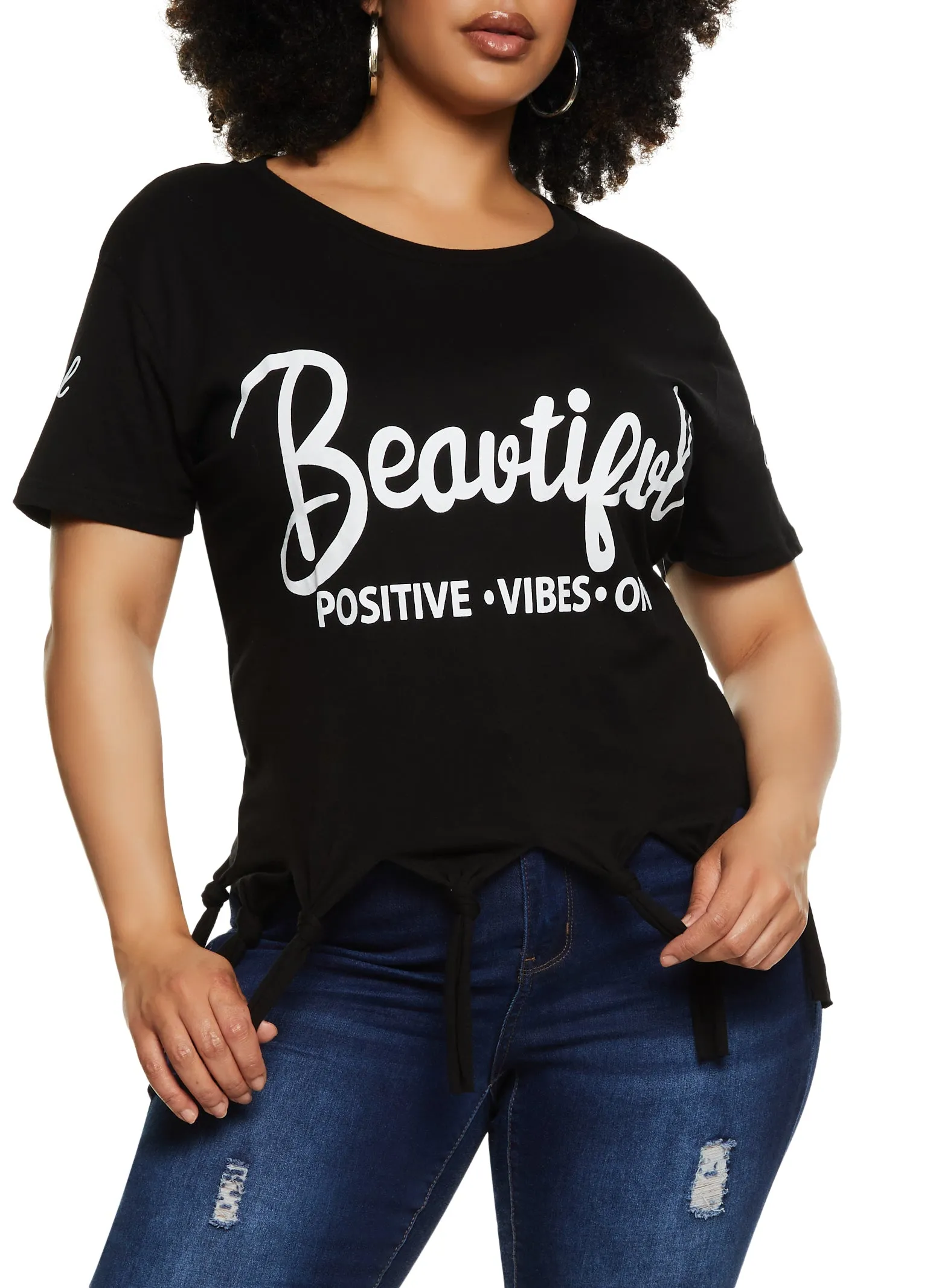Plus Size Beautiful Positive Vibes Only Knot Hem Graphic Tee sold by Rainbow