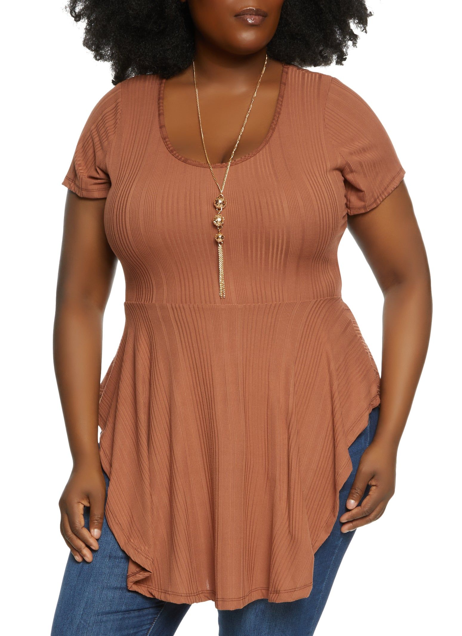 Plus Size Rib Knit Ruffled Hem Top with Necklace sold by Rainbow
