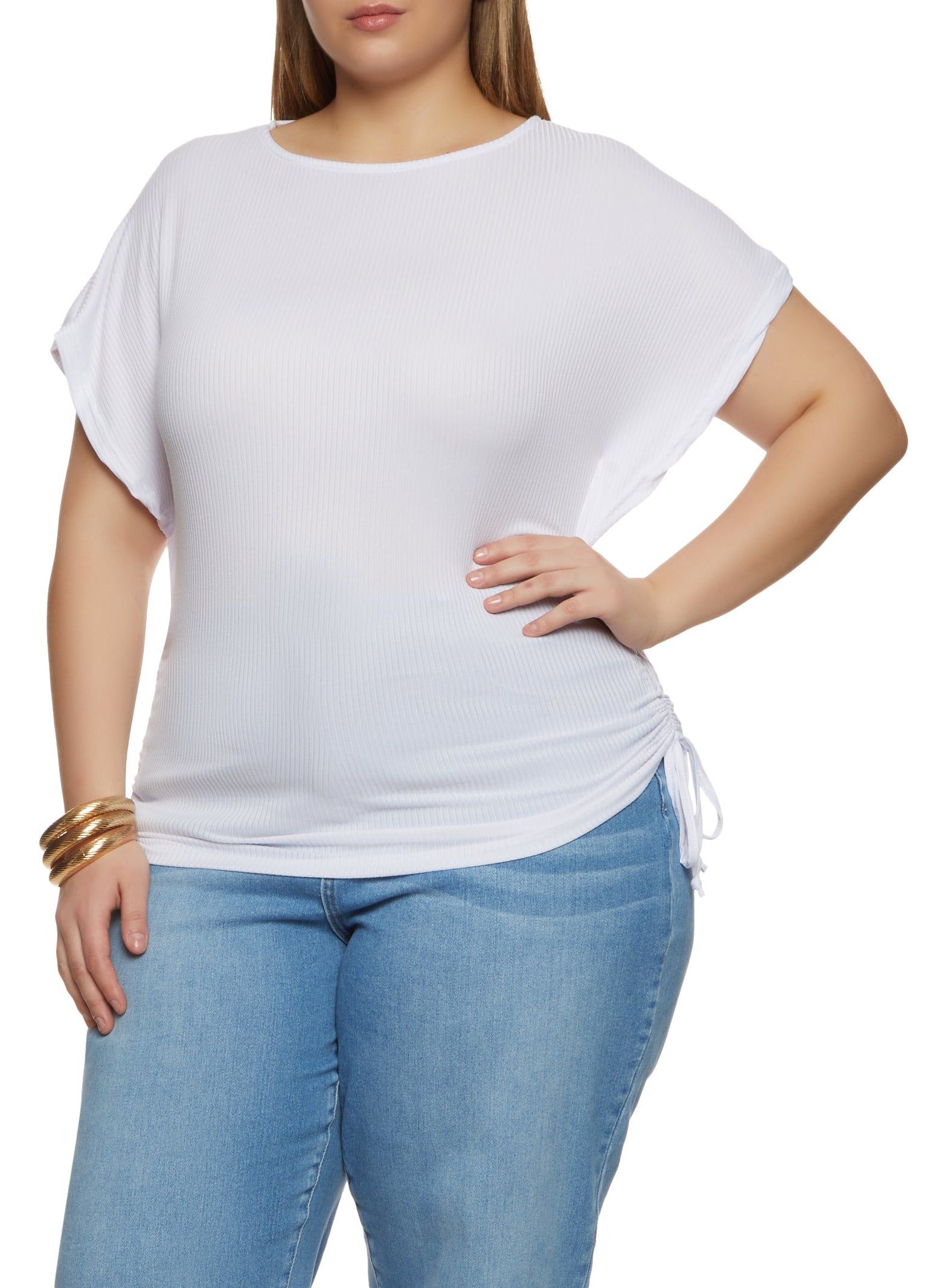 Plus Size Ribbed Knit Ruched Side Top sold by Rainbow