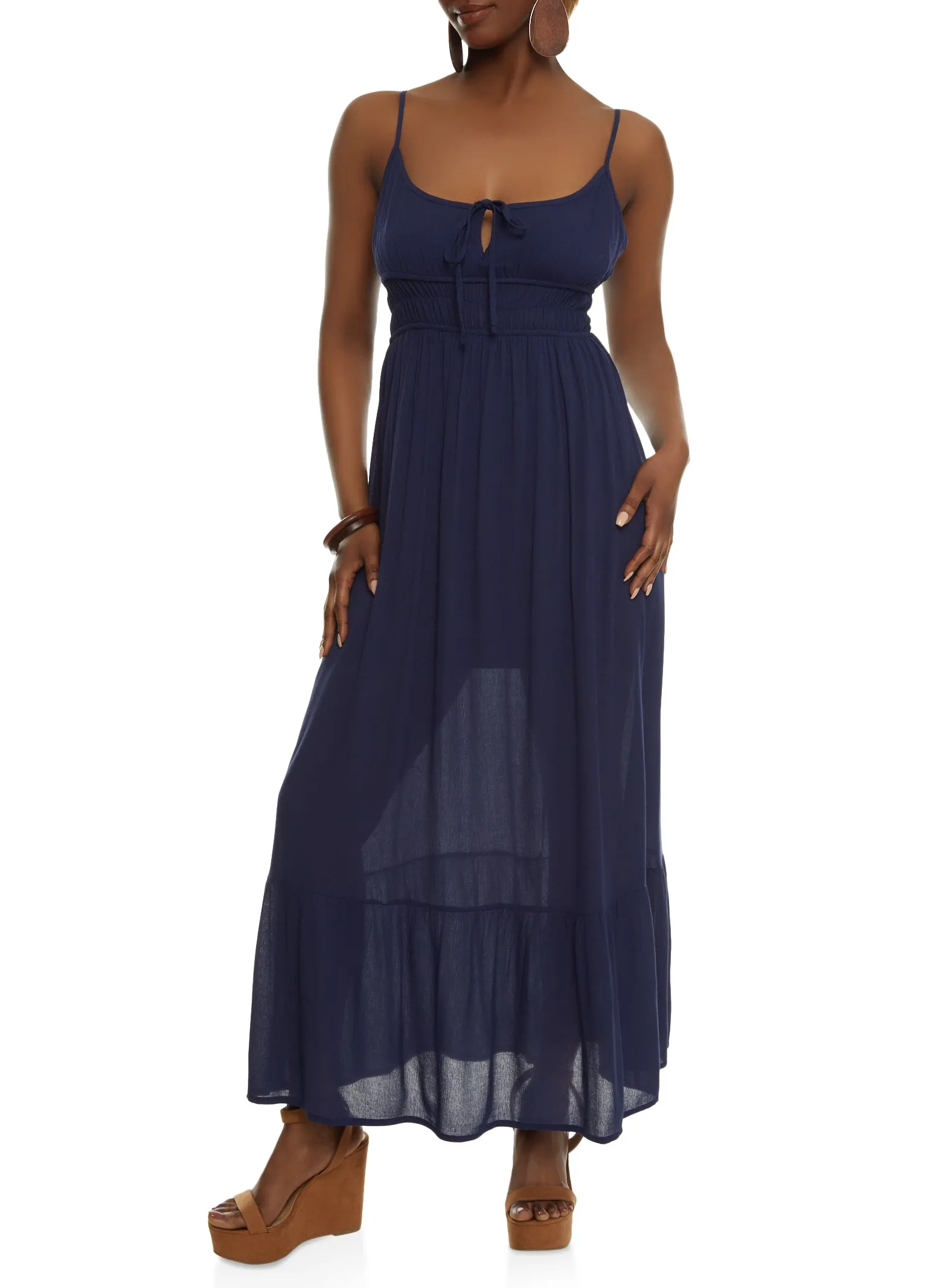 Gauze Knit Tie Front Tiered Maxi Dress sold by Rainbow