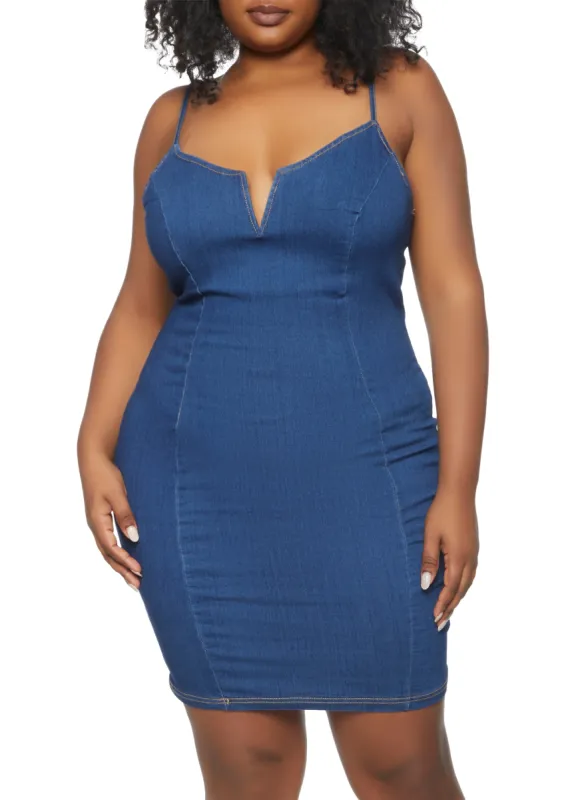 Plus Size Notch Neck Denim Dress sold by Rainbow