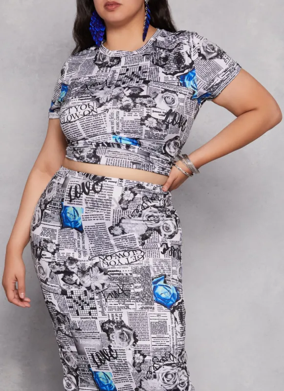 Plus Size Floral Newspaper Print Crew Neck Tee sold by Rainbow
