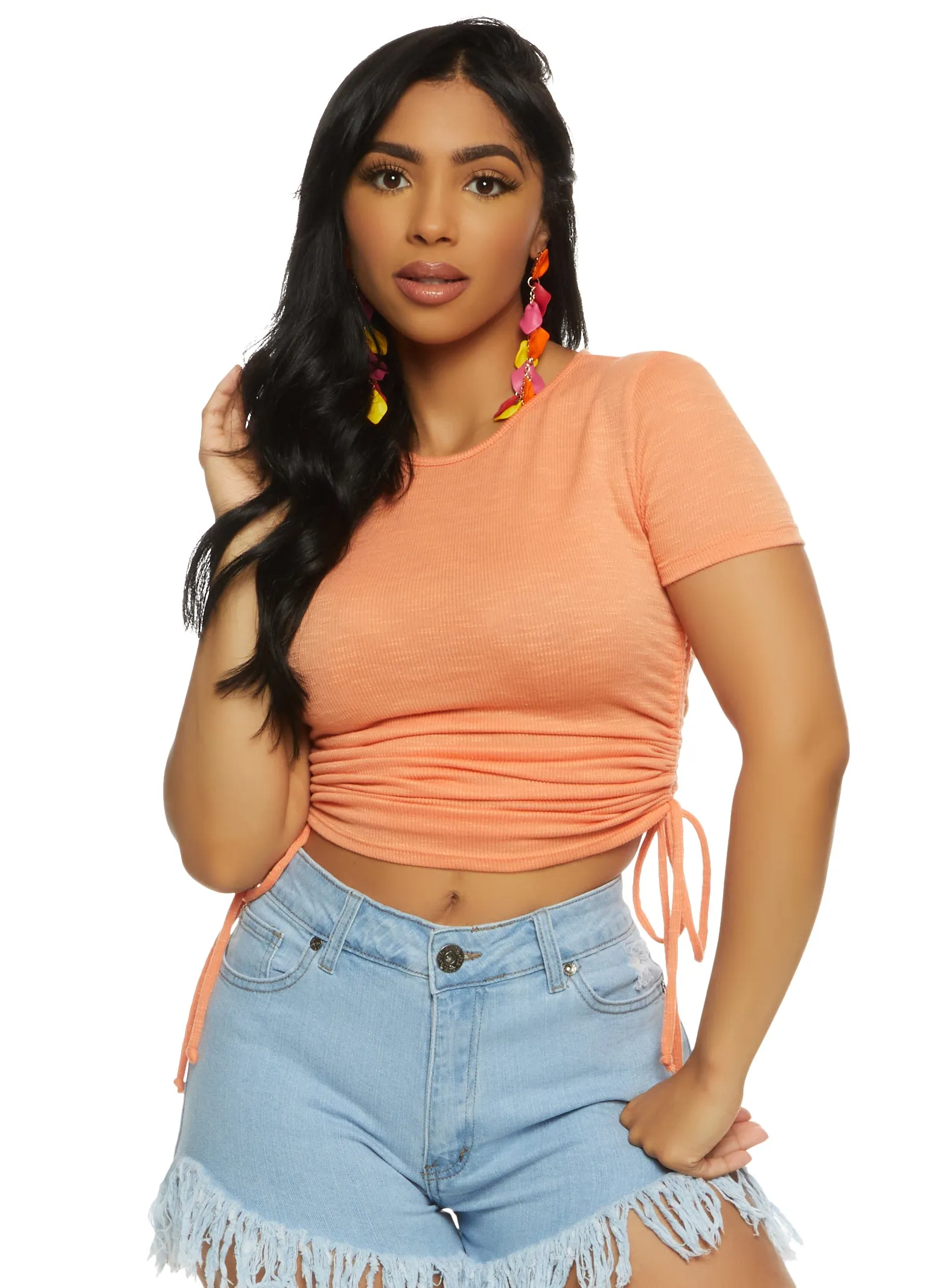 Ribbed Crew Neck Ruched Side T Shirt sold by Rainbow