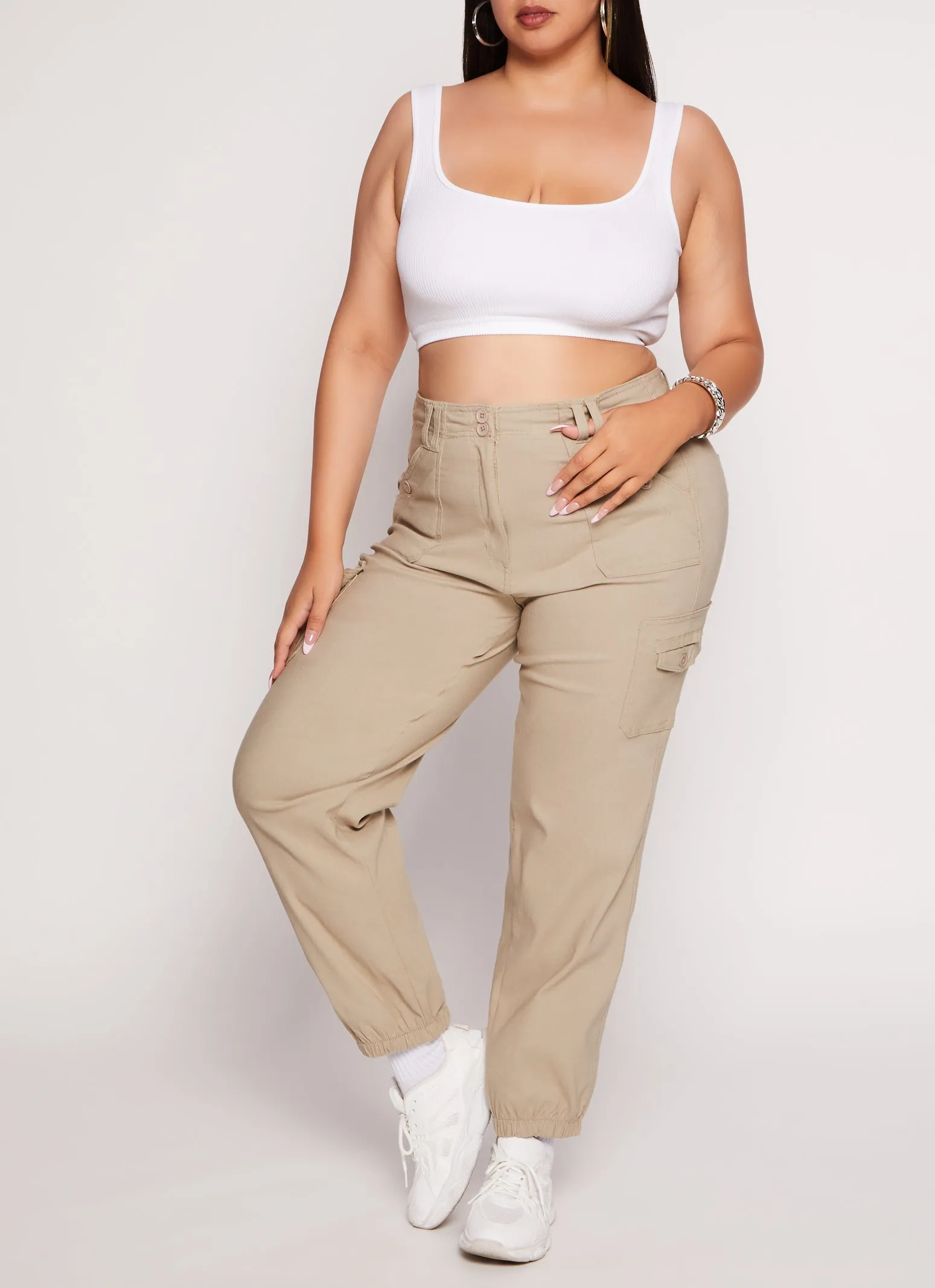 Plus Size Solid High Waist Cargo Pocket Joggers sold by Rainbow