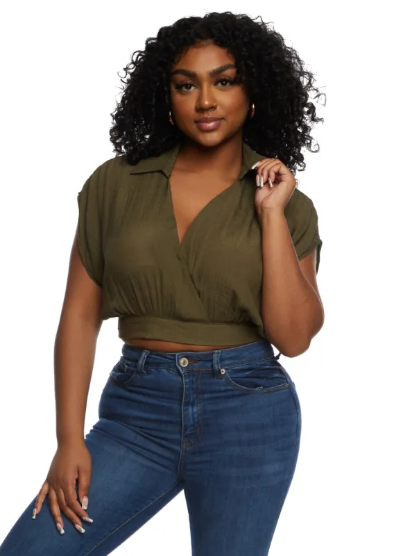 Guaze Knit Cropped Faux Wrap Top sold by Rainbow