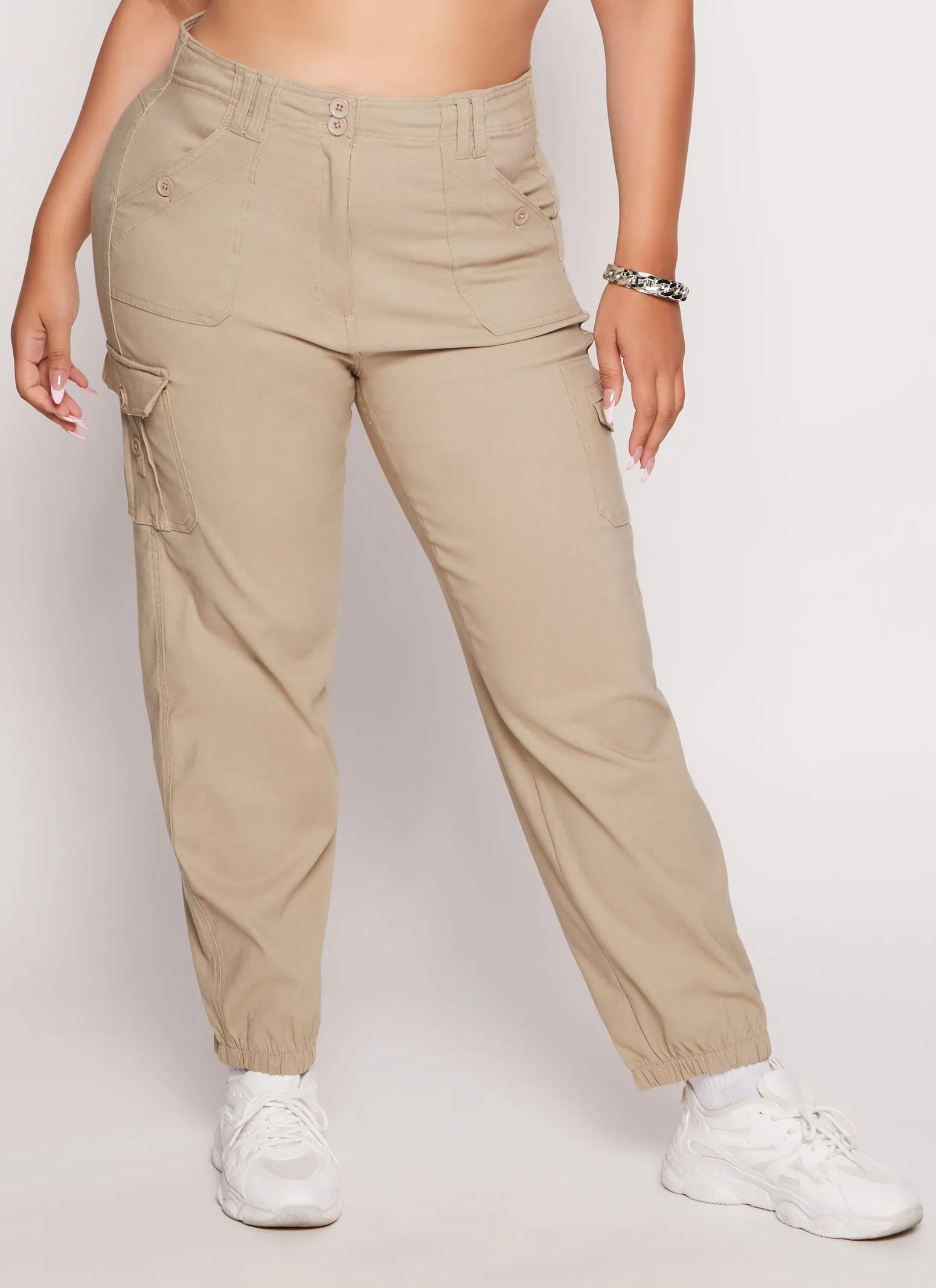 Plus Size Solid High Waist Cargo Pocket Joggers sold by Rainbow product image thumbnail 2
