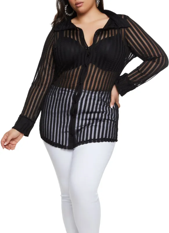 Plus Size Striped Mesh Detail Button Front Shirt sold by Rainbow