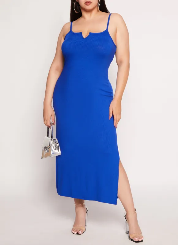 Plus Size Rib Knit Split Neck Cami Maxi Dress sold by Rainbow
