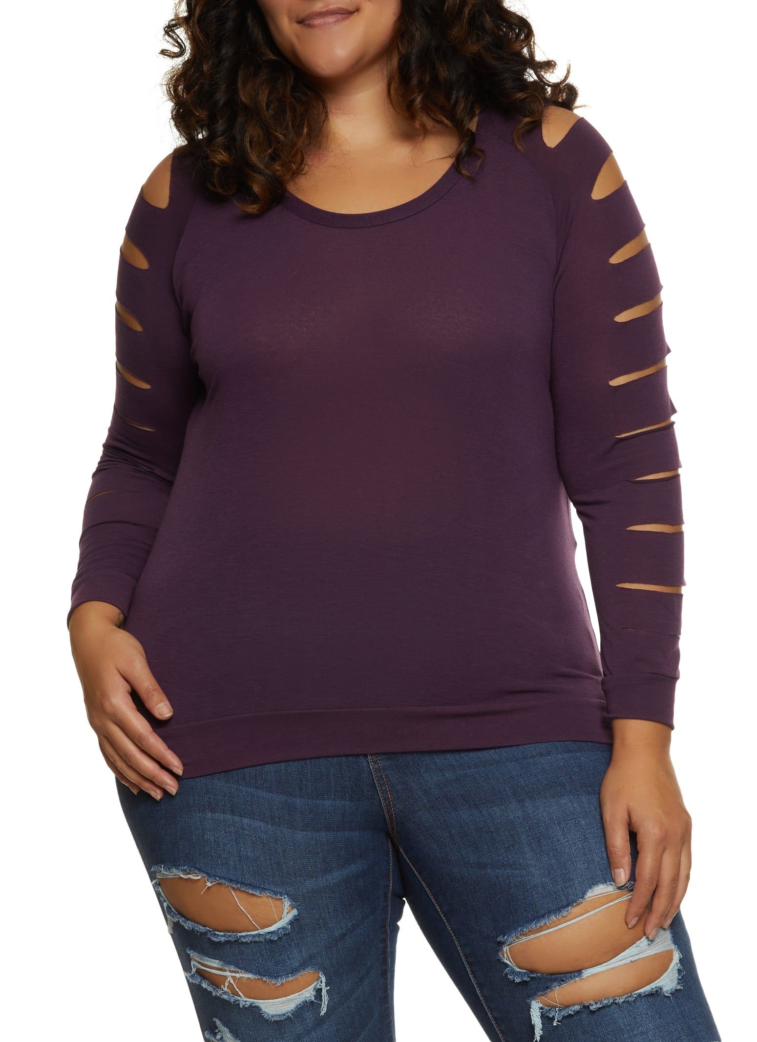 Plus Size Slashed Long Sleeve Scoop Neck Top sold by Rainbow