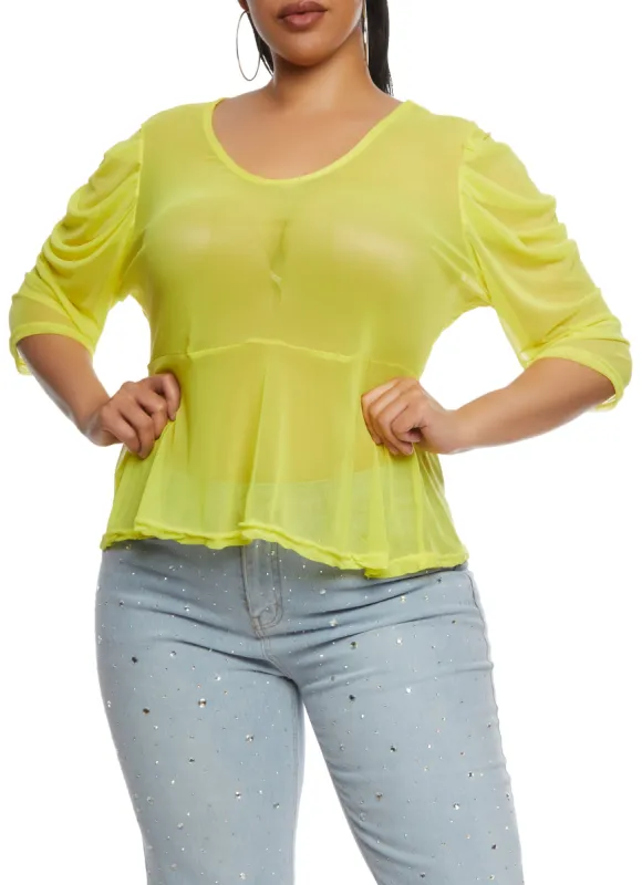 Plus Size Mesh Ruched Quarter Sleeve Top sold by Rainbow