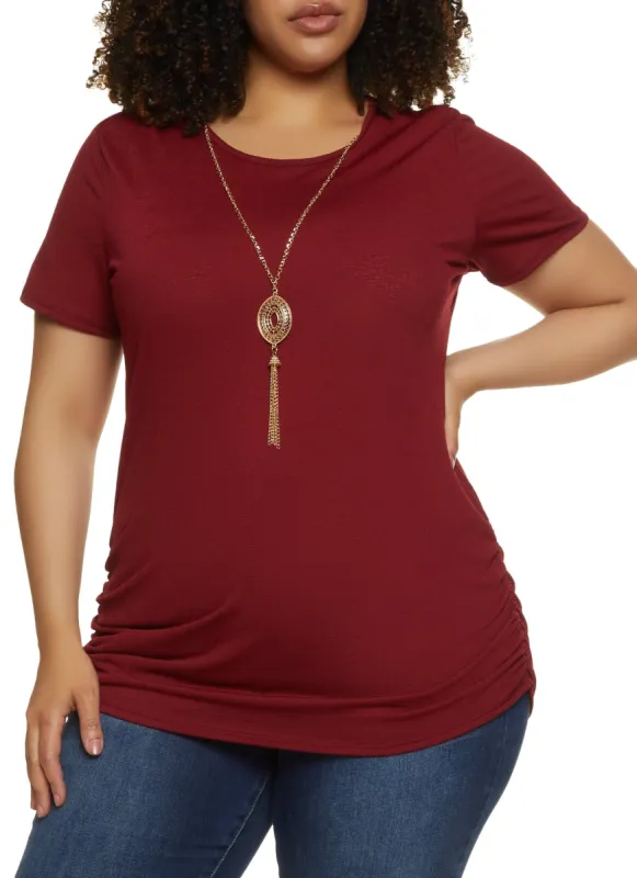 Plus Size Gauze Knit Ruched Tee with Necklace sold by Rainbow