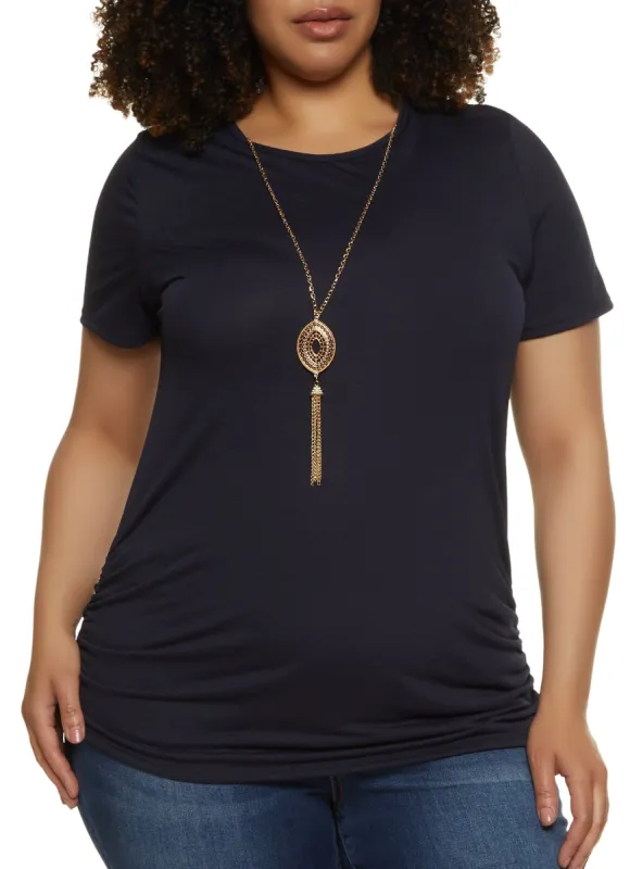 Plus Size Gauze Knit Ruched Tee with Necklace sold by Rainbow