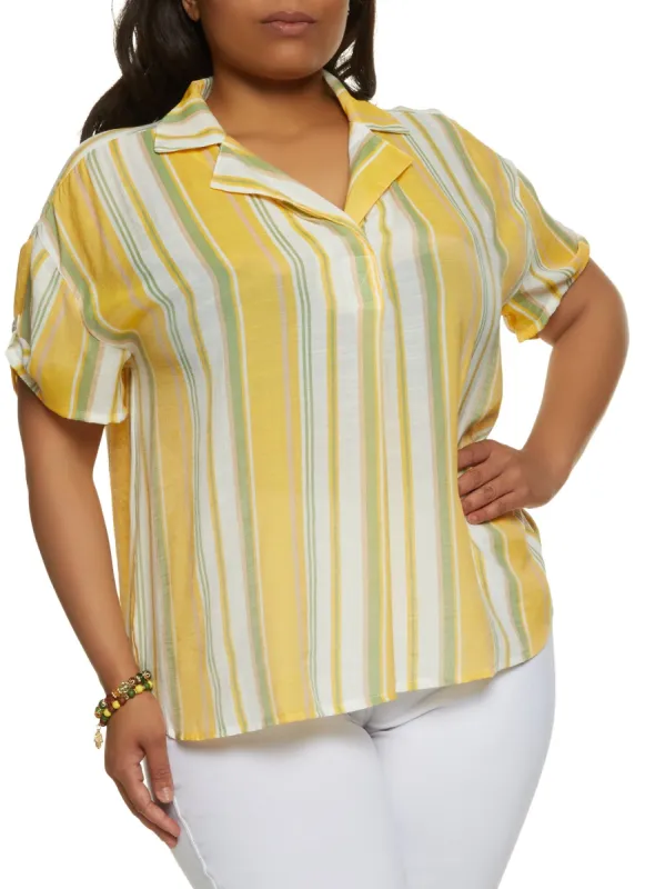 Plus Size Striped Cuffed Sleeve Shirt made by Rainbow